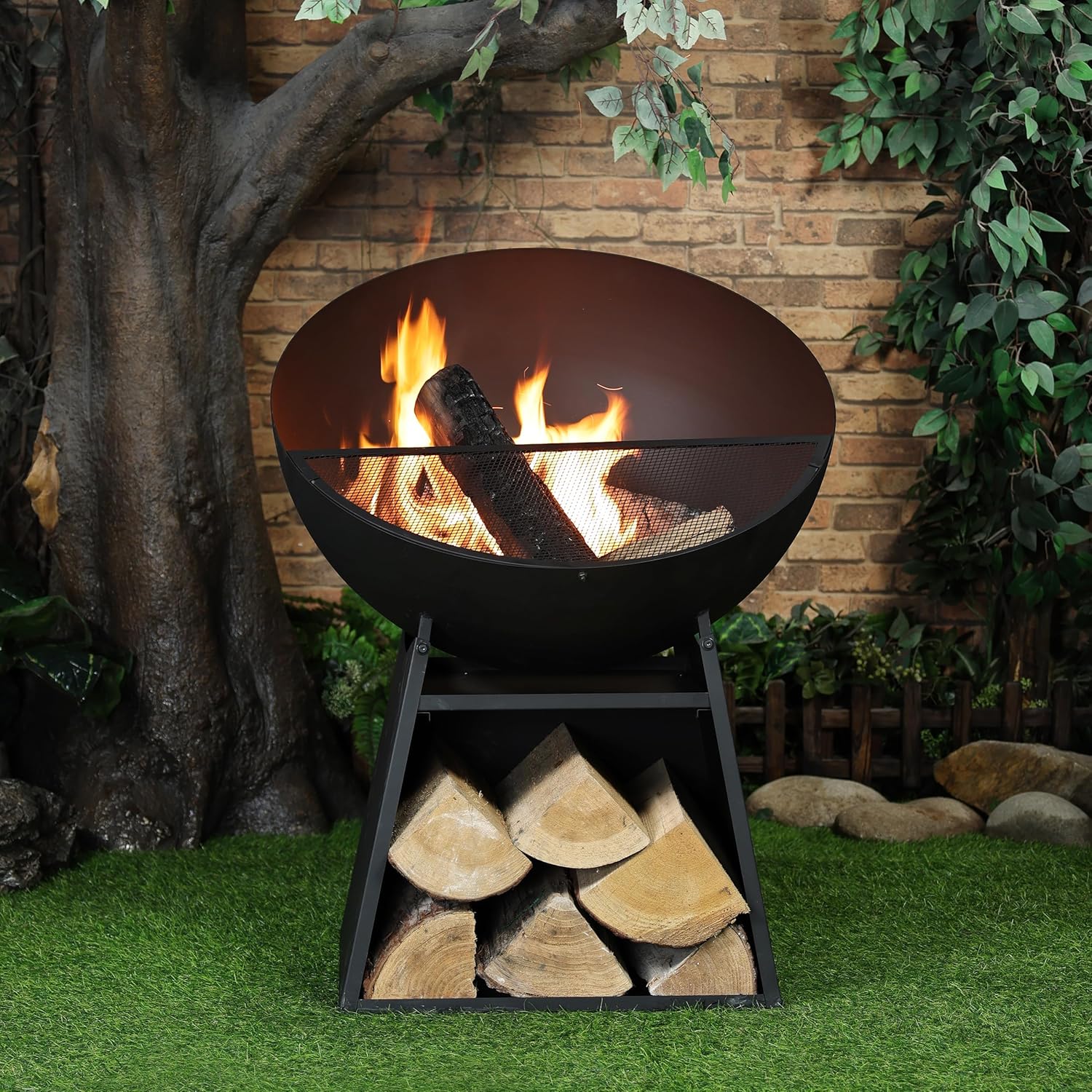 30 Inch Round Outdoor Steel Wood Burning Fire Pit with Black Powder Finish, Spark Screen, Poker Tool, and Protective Storage Cover