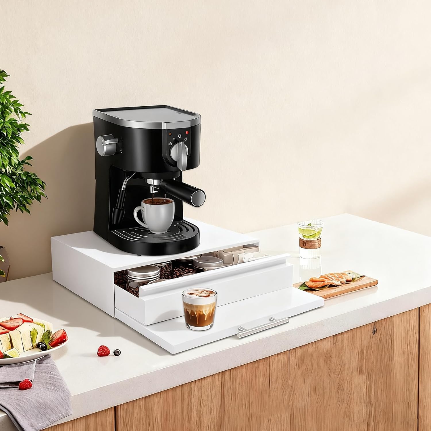 Microwave Stand with Drawer, Pull Out Shelf and 2 Doors, White Kitchen Counter Organizer for Microwave Oven, Coffee Maker Toaster, Modern Storage Cabinet with Wheels for Small Space