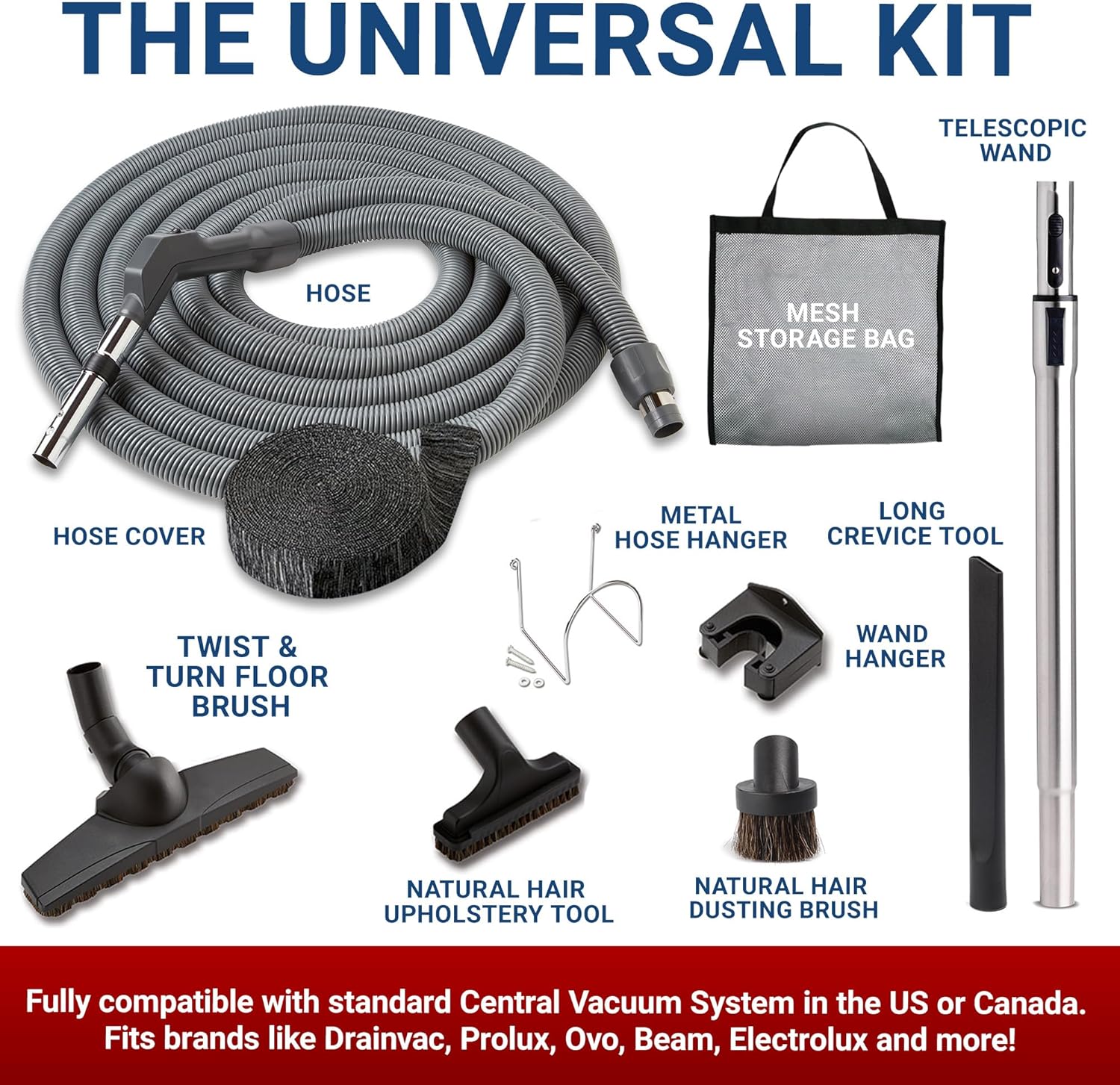 Central Vac System Bare Floor Attachment Set for Cleaning Hardwood Floors Furniture & Draperies - Includes 30FT Crushproof Hose, Dusting Brush, Upholstery & Crevice Tool, Wand, Mesh Storage Bag & More