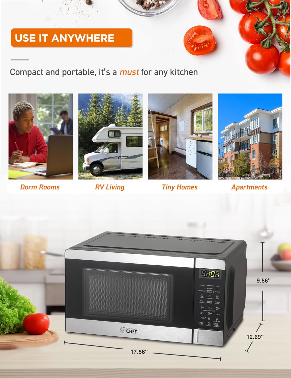 COMMERCIAL CHEF 0.7 Cubic Foot Microwave with 10 Power Levels, Small Microwave with Push Button, 700W Countertop up to 99 Minute Timer and Digital Display, Stainless Steel