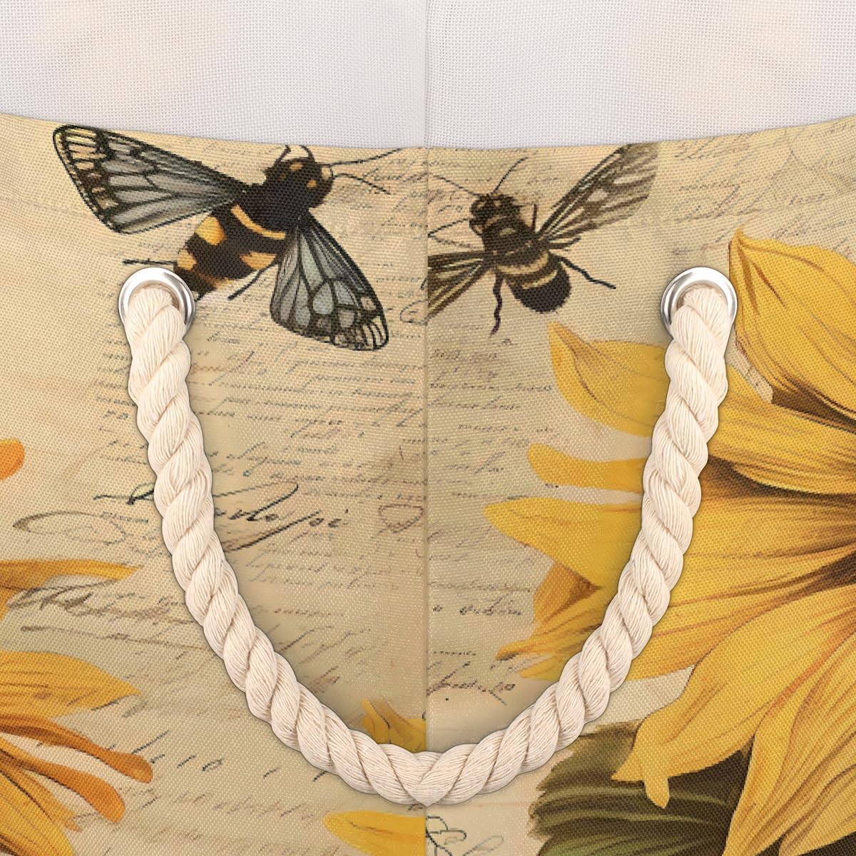 Vintage Style Bee Sunflower Round Storage Basket Laundry Hamper Collapsible Laundry Basket with Handles Large Canvas Storage Bin for Clothes Toys Nursery Bedroom Closet Organizer