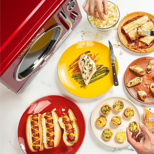 Nostalgia RMO4RR Retro Large 0.9 cu ft, 800-Watt Countertop Microwave Oven, 12 Pre-Programmed Cooking Settings, Digital Clock, Easy Clean Interior, Metallic Red