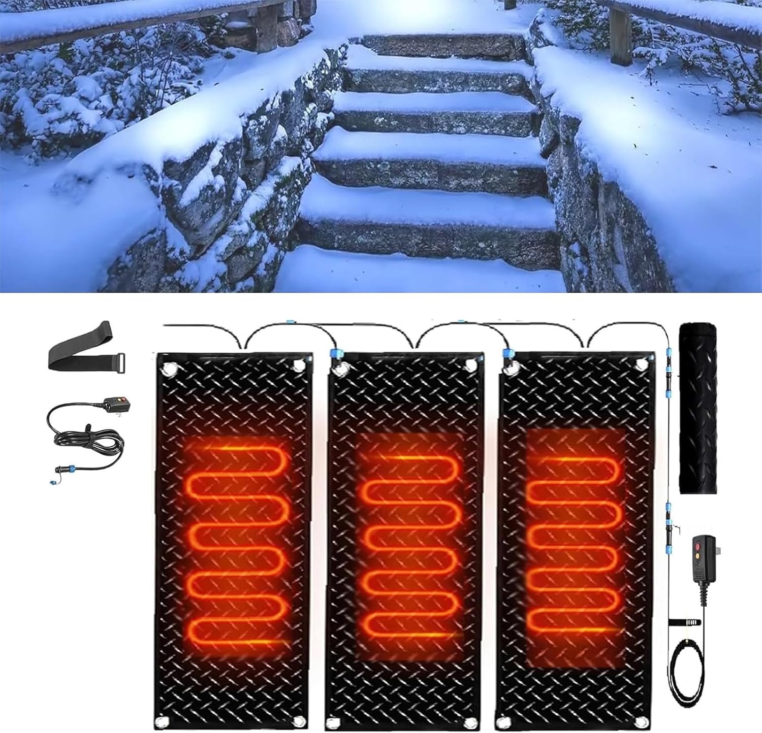 Snow Melting mats, No-Slip Heated Snow Melting Mats, Winter Black Heated Snow Melt Mats Non Slip Rubber Heating Entrance Mats with Plug Power Cord for Outdoor Use,3 Pcs-30x90cm/12x36in