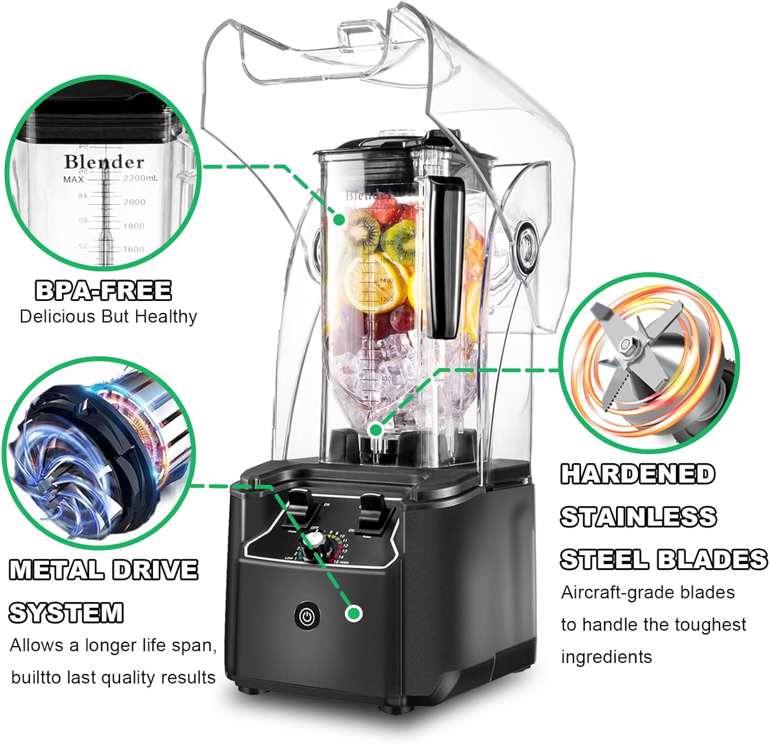 Commercial Blender for Smoothies, 2.5HP Motor, Stainless Steel Blade, 80oz Pitcher for Shakes, Smoothies, Ice Crushing, Frozen Drinks, 15 Speeds, Self-Cleaning, Grey