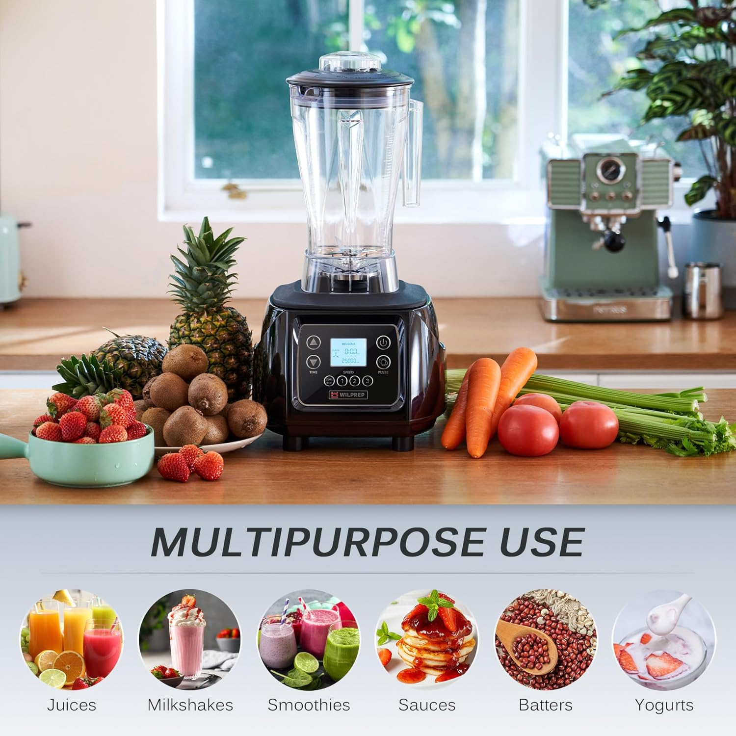 WILPREP Commercial Blender with 2 HP Motor, Touchpad, Timer, Adjustable Speed, and 64 fl oz BPA Free Tritan Jar, for Smoothies, Shakes & Frozen Drinks, Black, ETL+NSF Certificated