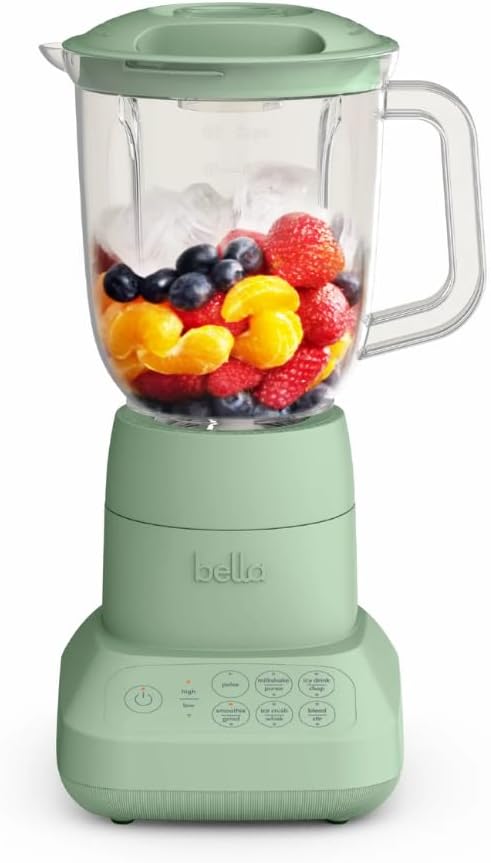 Bela Blender with BPA-Free 48oz Jar, 450W Motor, Stainless Ice-Crushing Blades, Built-In Measuring Cap, Compact Space-Saving Design, Seaglass (Seaglass)