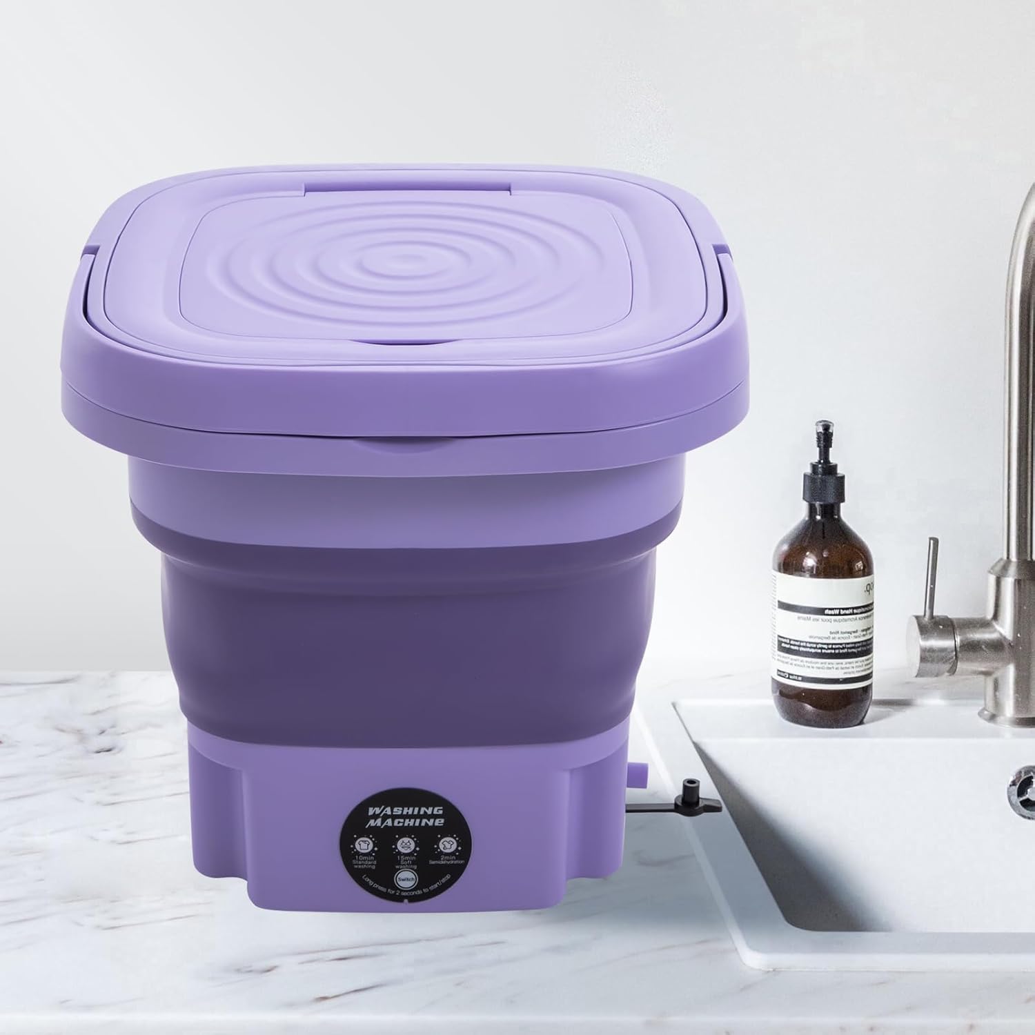 Portable Washing Machine with Drainage Basket, 3 Cleaning Modes, 8L Foldable Mini Washer for Small Clothes, Compact Cloth Laundry Washer for Home/Dorm/RV/Camping Travel (Purple, US Plug)