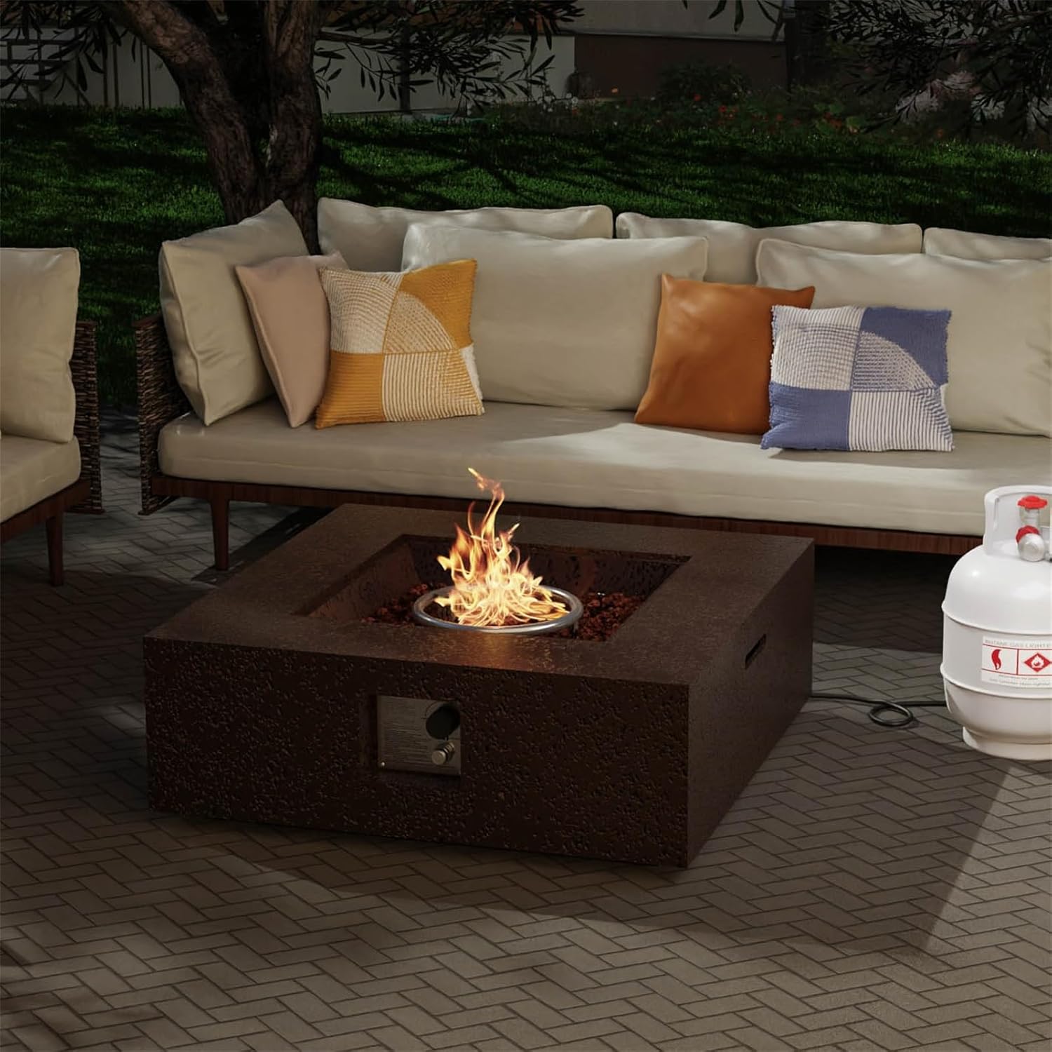 Outdoor Fire Pit, 35 inches Square Propane Gas Patio Fire Table 50,000 BTU Concrete Travertine Design, Low Firepit Table with Lava Rocks, Waterproof Cover (Dark Brown)