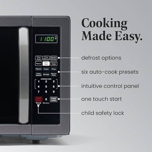 Farberware 1.1 Cu. Ft. Countertop Microwave Oven – 1000 Watts Power, Auto Cook Settings, Defrost, Easy Clean and Child Safety Lock - Stainless and Black