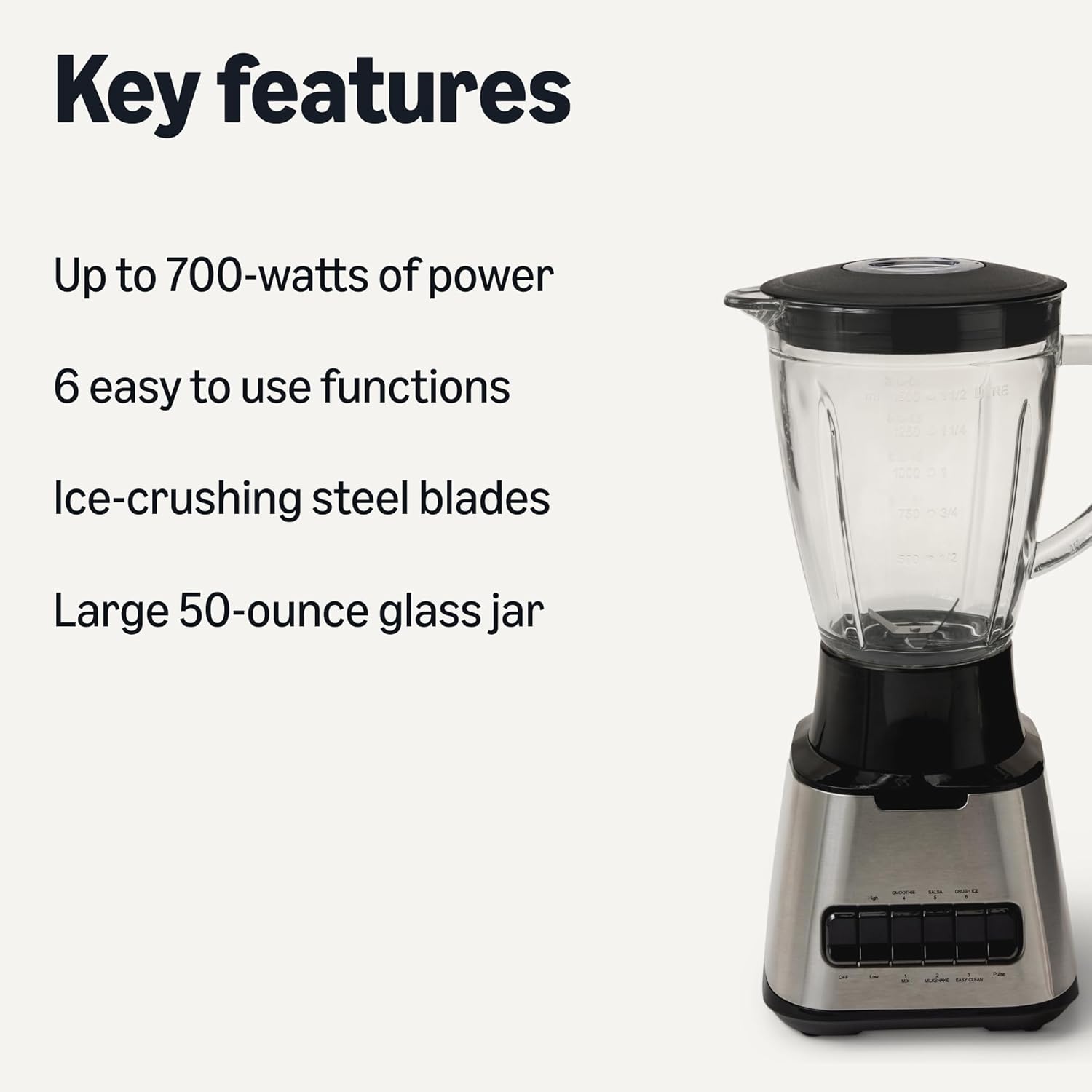 Amazon Basics 6-Cup (50 Fl. Oz) Countertop Blender, with 6 Pre-Programmed Functions, Pulse, Ice Crush, Stainless Steel Blades, Glass Jar, Up to 700W, Black & Silver