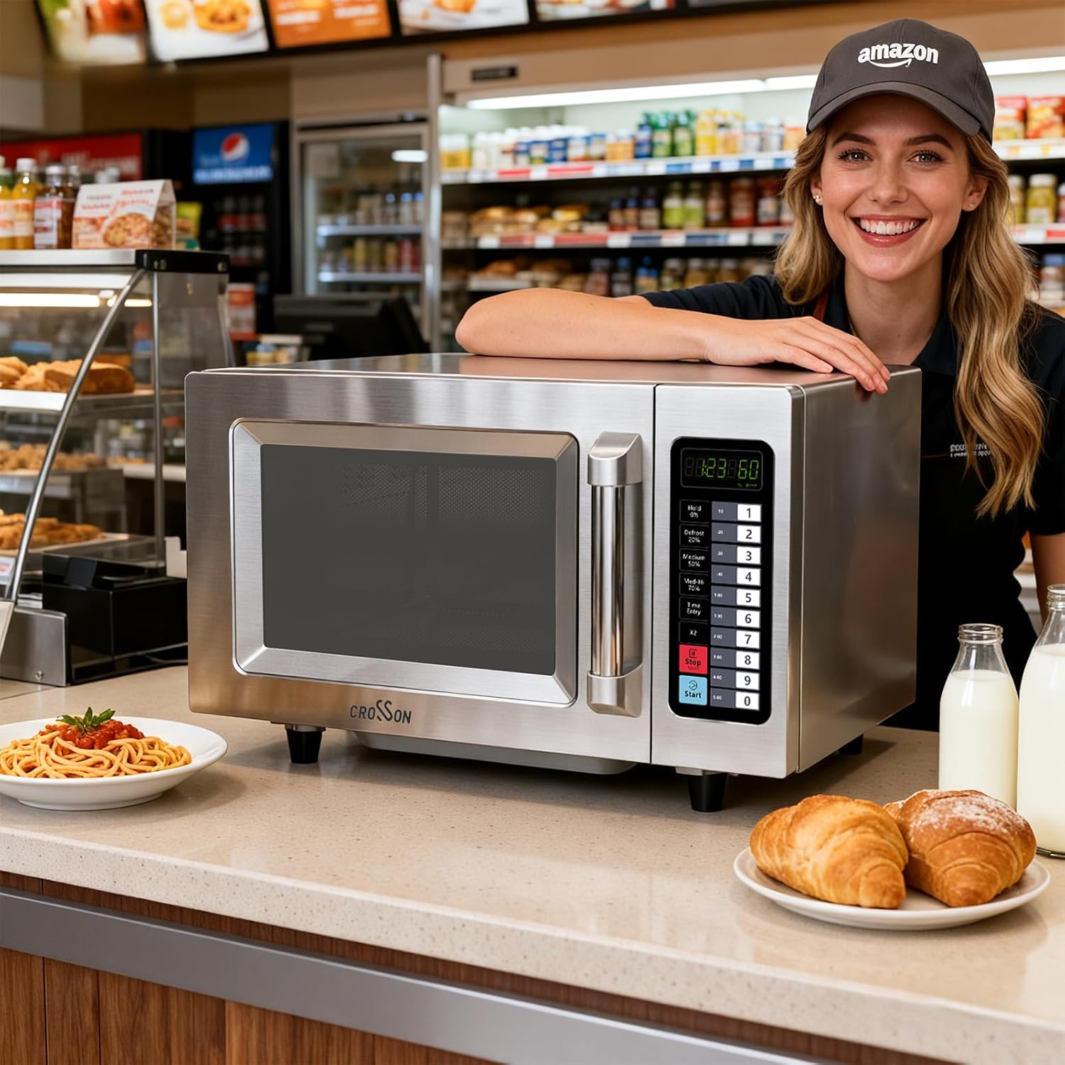 CROSSON Commercial Countertop 25L Microwave Oven W/ 10 Programmable Memory Menu,5 Power Level,3 Stage Cooking and Touch Screen Control-1000W,0.9 Cu.Ft