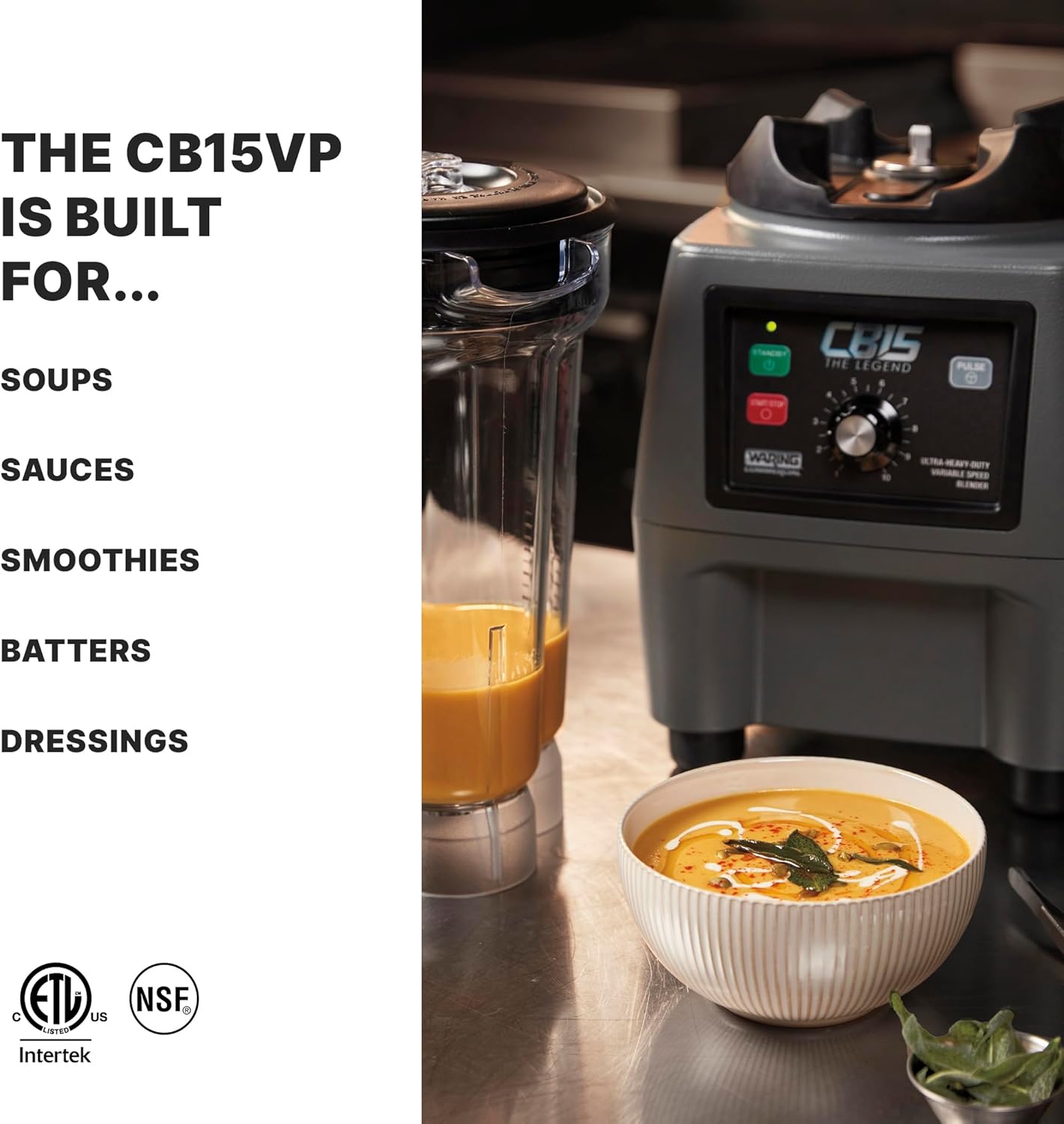 Waring Commercial CB15VP Ultra Heavy Duty 3.75 HP Blender, Electric Touchpad Controls with Variable Speed, BPA Free Copolyester 1 Gallon Container, 120V, 5-15 Phase Plug, Gray