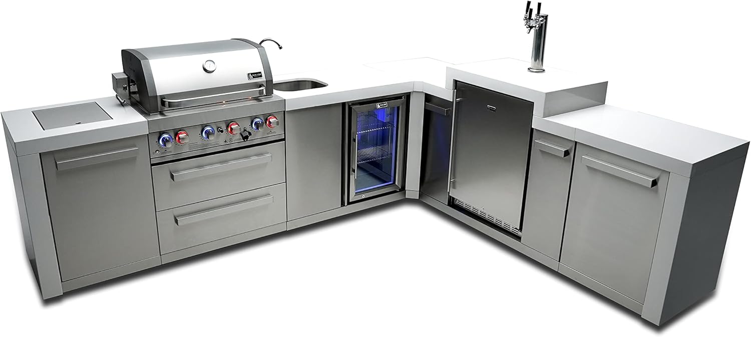 Mont Alpi MAi400-D90KEGBEV 90 Degree 32-Inch 4-Burner 78000 BTU Deluxe Stainless Steel Island Outdoor Kitchen Gas Barbecue Grill with Wine Cooler Beverage Refrigerator & 3 Beer Tap Kegerator Dispenser