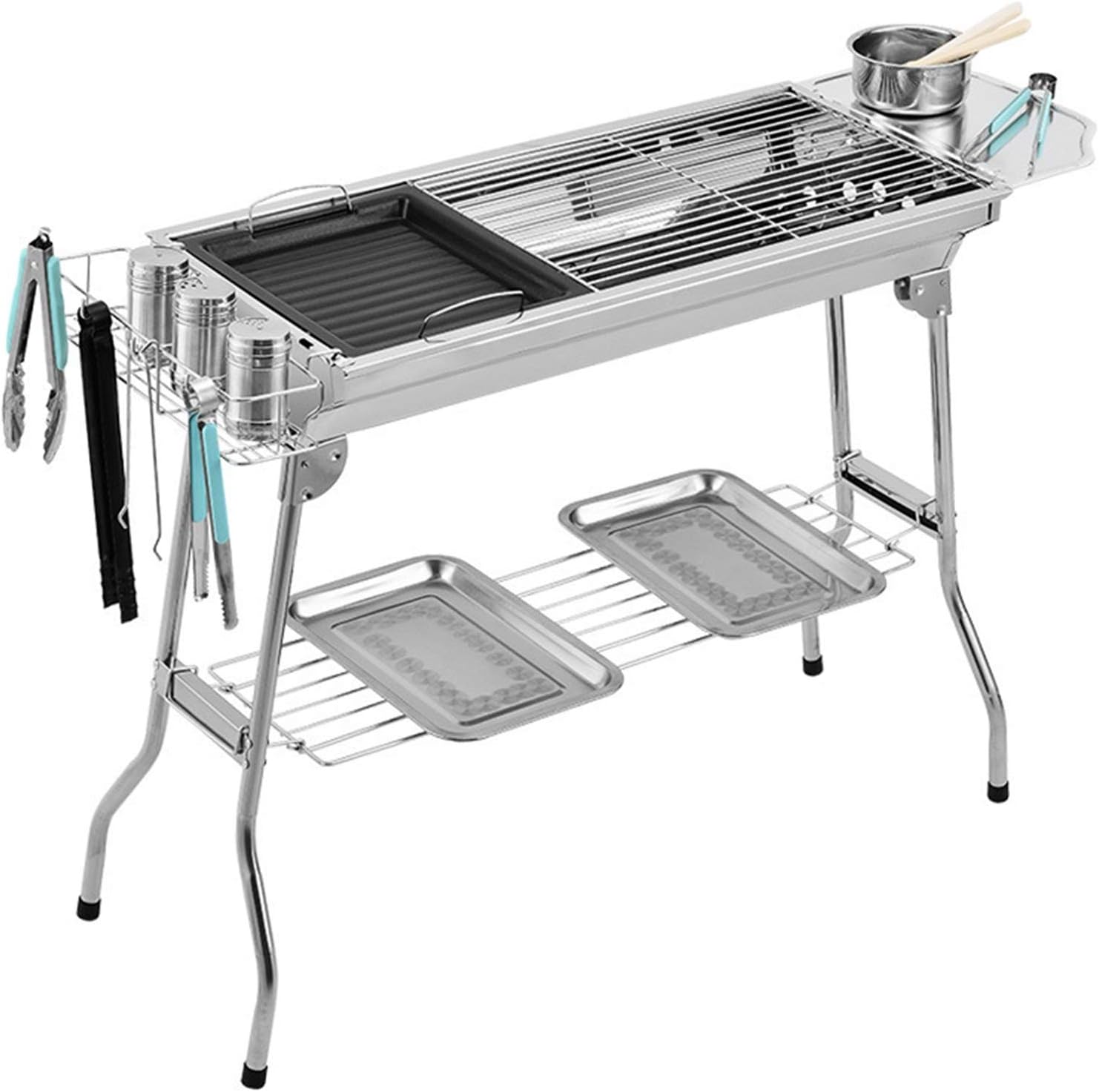 Barbecue Desk Outdoor Stainless Folding BBQ Grills Picnic Barbecue Rack Grill Charcoal Stove Picnic Accessories Suitable for 3-6 Person，Silver Tabletop Barbecue