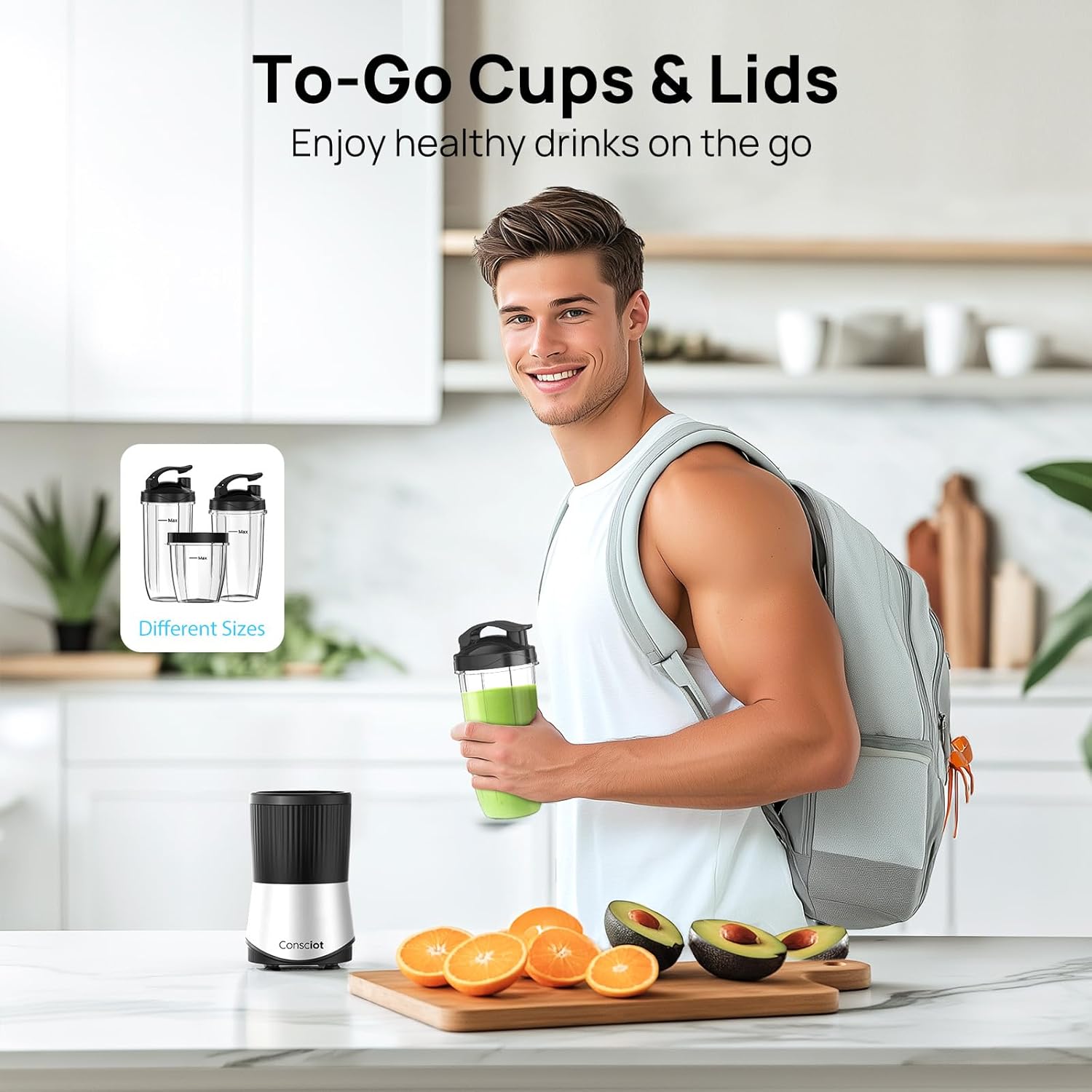 Smoothies Blender, Consciot Countertop and Personal Blender Combo, Making Shakes and Smoothies, Frozen Drinks, Spreads and More, 3 Portable To-Go Cups & 3 Lids, 900W Peak Watts