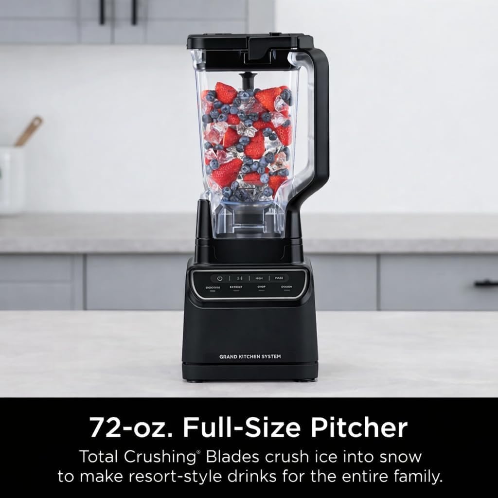 Ninja Grand Kitchen System Blender, 1200W, 72 Oz Pitcher, 8-Cup Food Processor, 4 Preset Programs, 3 Speeds – Smoothies, Dough, Chop & Extract, Auto-iQ Technology, BPA-Free, Dishwasher Safe, Black