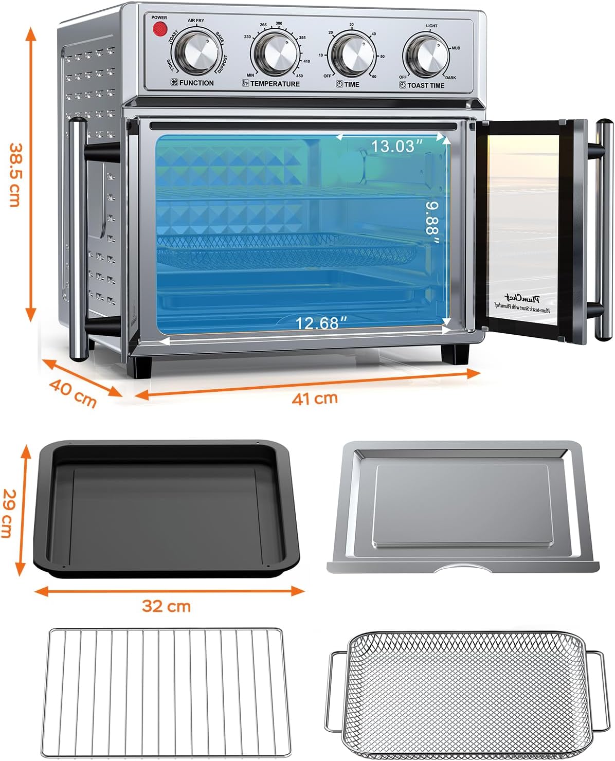 Versatile Air Fryer Oven 7-in-1 26qt Large Capacity Convection Toaster Oven Combo with French Doors 7 Preset Menus for Air Fry Bake Toast Roast Stainless Steel Countertop Oven 1700w Automatic Shutdown