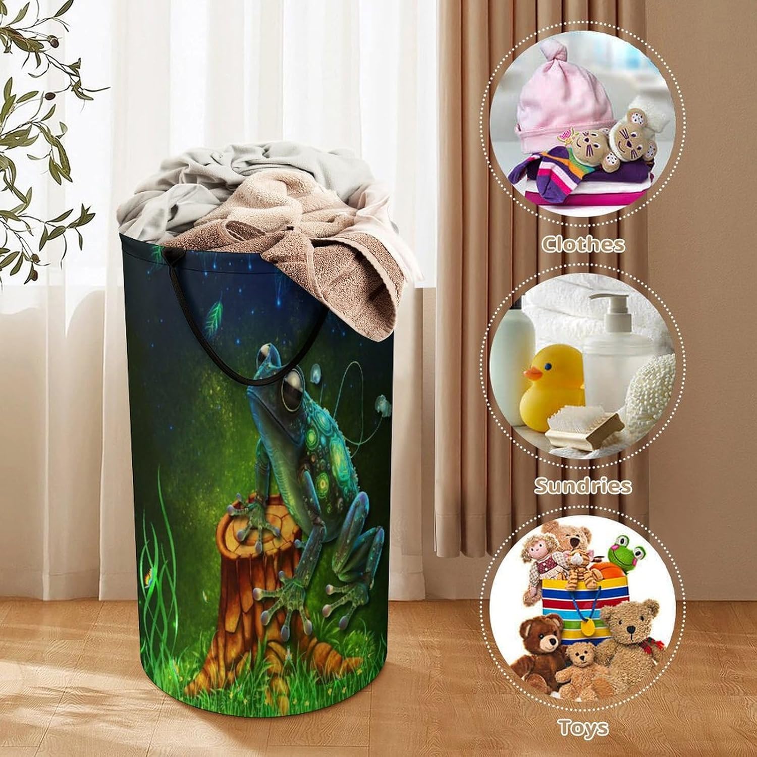 Cool Anime Animal Frog Laundry Hamper Dirty Clothes,Rustic Tropical Forest Eucalyptus Leaves Butterfly Frog Large Laundry Basket Storage Basket For Bathroom 15.7W