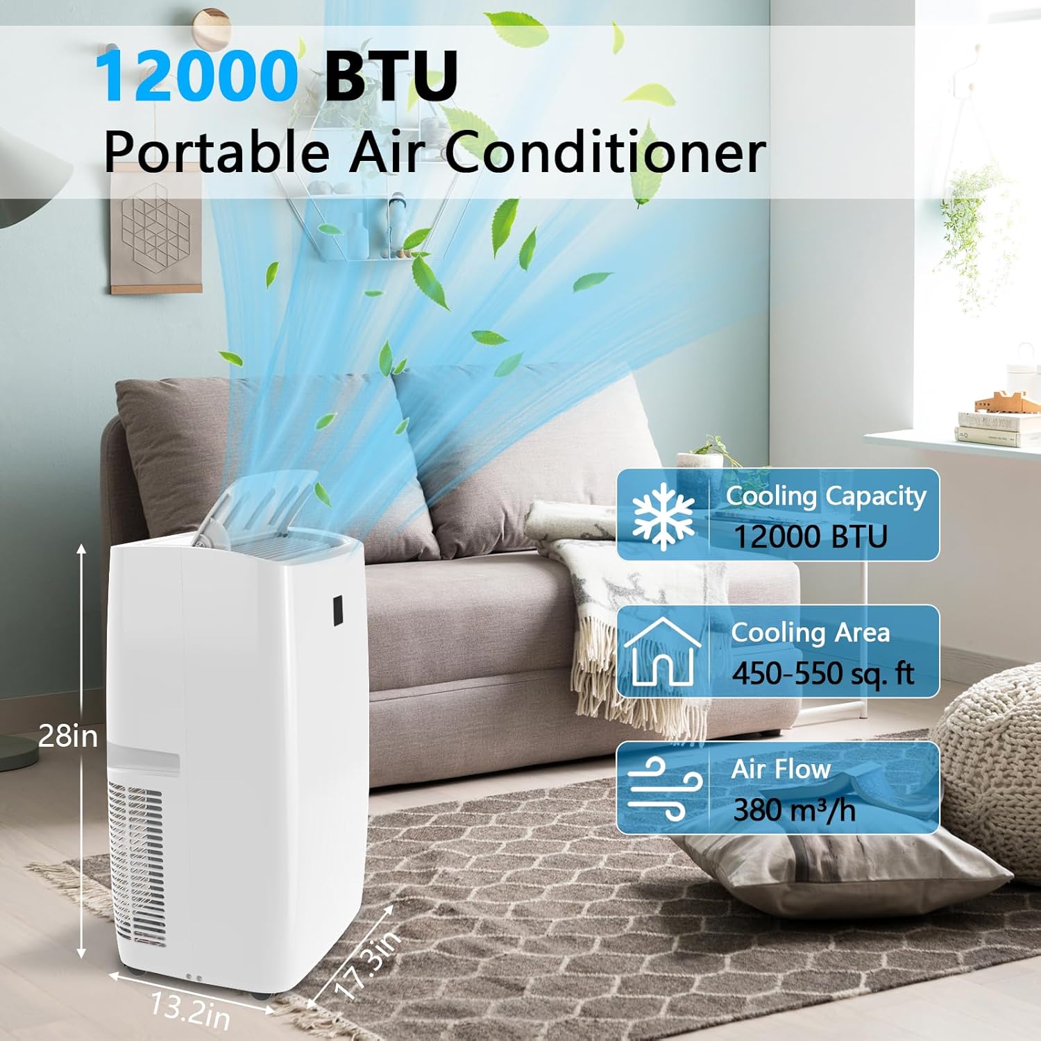 12,000 BTU Portable Air Conditioners, AC Portable Unit Cools up to 550 Sq.Ft,Room Air Conditioner with Remote Control,Dehumidifier & Fan, 3-in-1 Floor Standing Air Conditioner