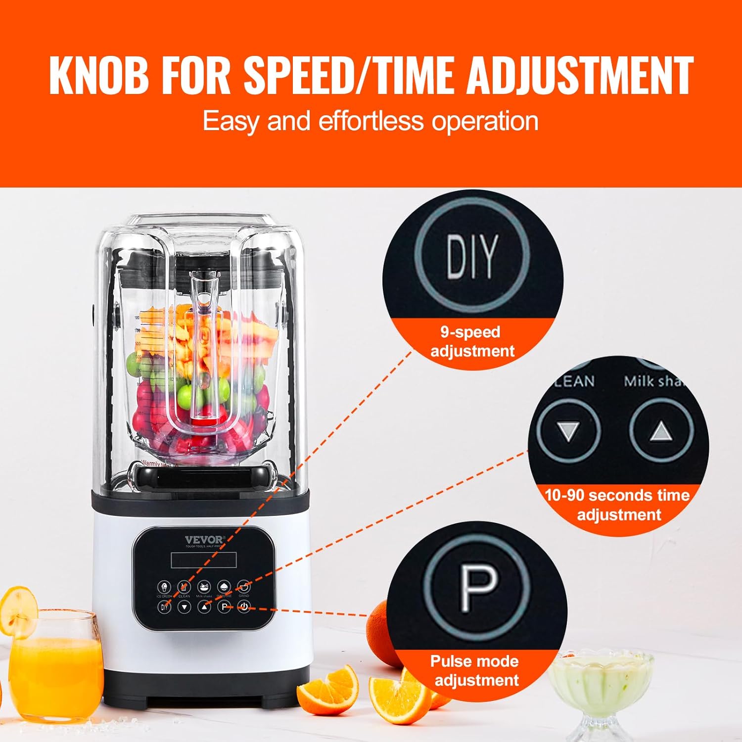 VEVOR Commercial Countertop Blenders with Shield,68 oz Jar Blender Combo, Stainless Steel 9 Speed & 5 Functions, for Shakes, Smoothies, Peree, and Crush Ice, White