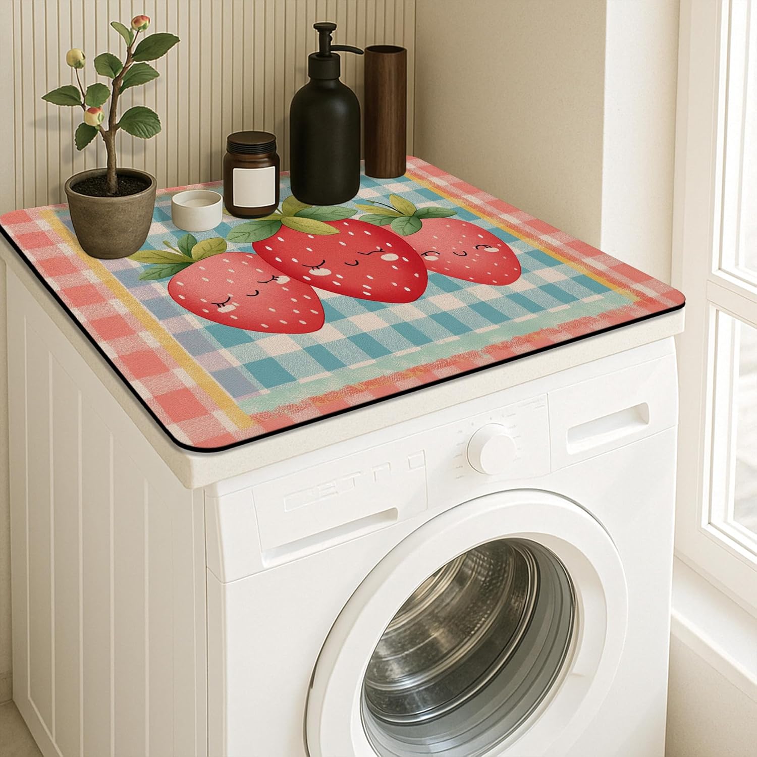 Cute Strawberry Washer Dryer Top Protector Mat, Cute Fruit Patterned Laundry Machine Dust Cover, Summer Rubber Anti-slip Waterproof Washer And Dryer Mats for Laundry Room 24x24 Inch
