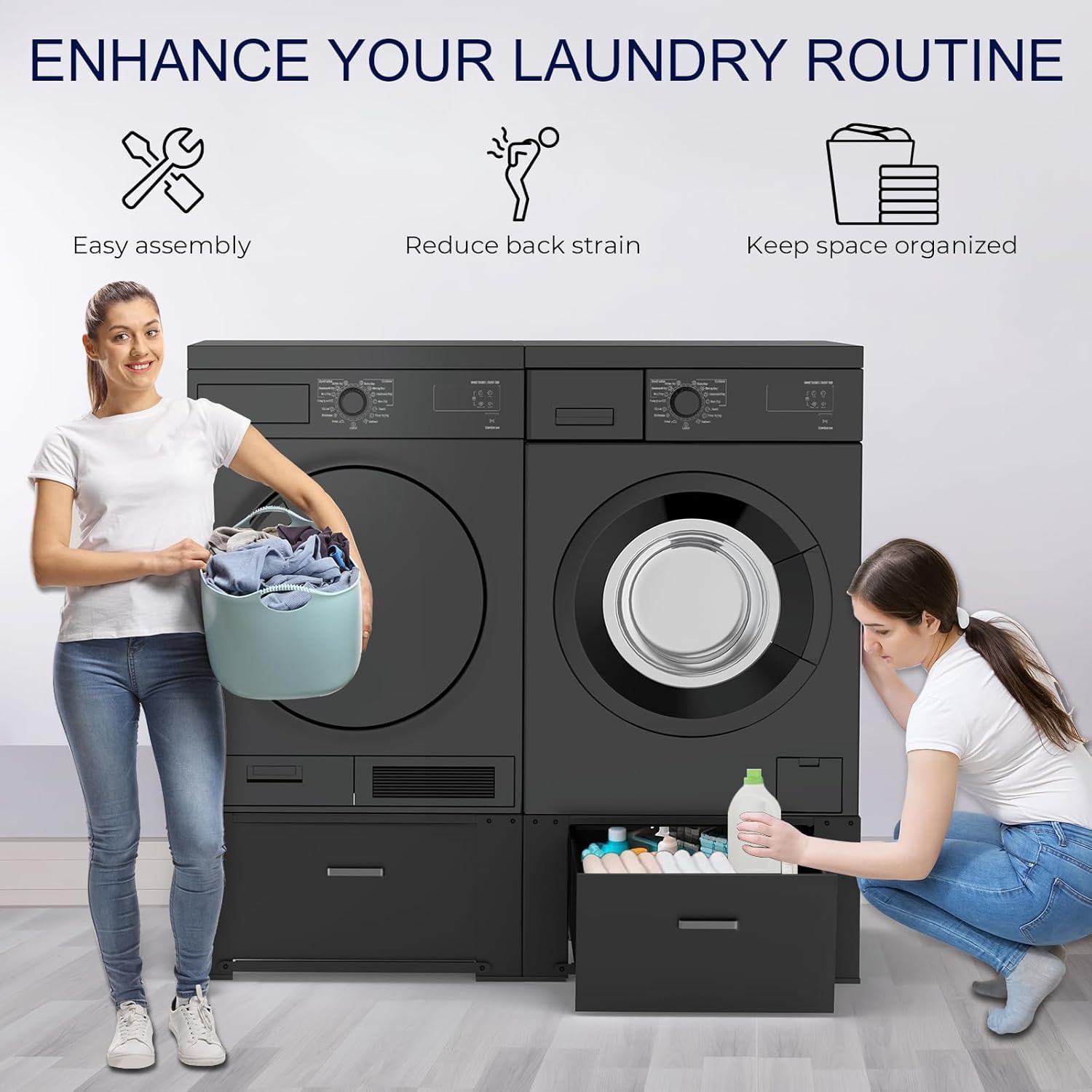 2 Pack Laundry Pedestals with Drawer, 29'' x 29'' x14.3'', Heavy-Duty Steel, Washing Machine Base Stand, Dryer Base Platform, Capable of Supporting 700 lbs, Black