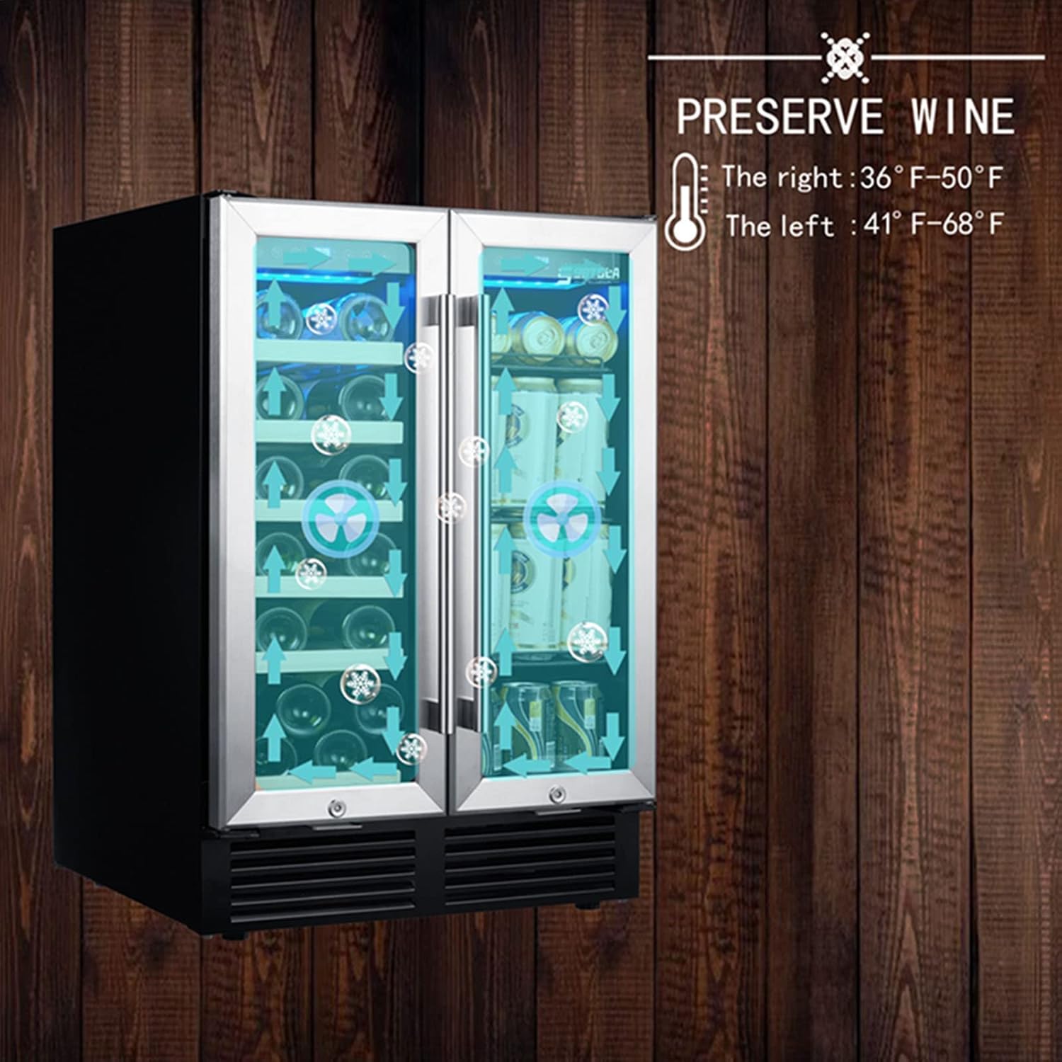 24'' Wine Cooler Refrigerator, Dual Zone Built-in or Freestanding Wine Cooler with Double Glass Door, Mini Quietly Fridge with Compressor, Keeps 19 Wine Bottles and 57 Cans Beverages