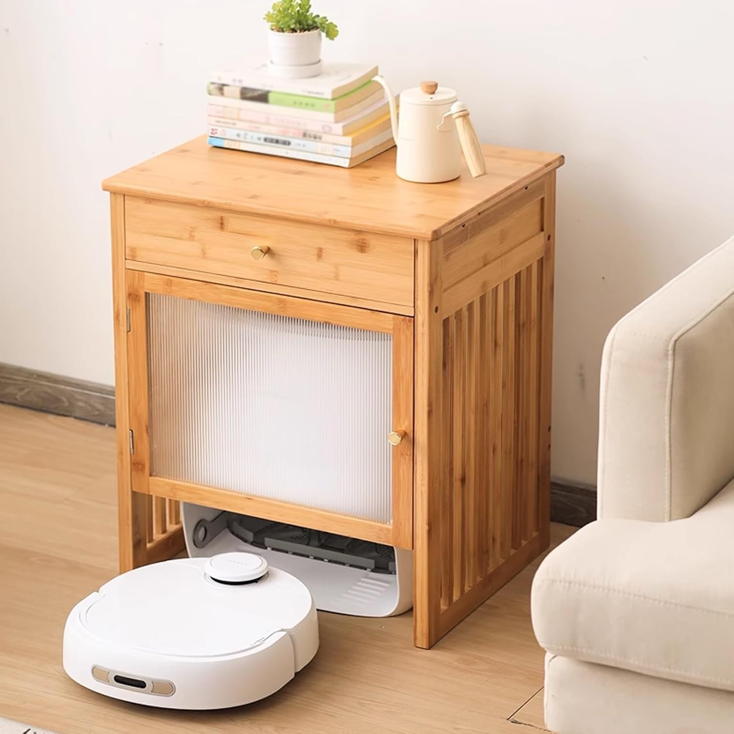 Side Table with Storage Drawers for Self Emptying Robot Vacuum Cleaner, Storage Cabinet with Doors and Shelves for Bathroom End Side Table for Home Office(Natural,Large)