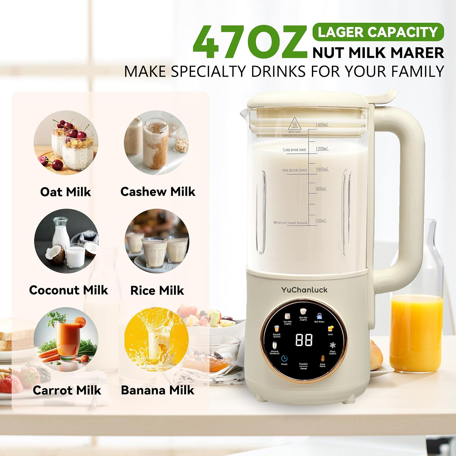 Nut Milk Maker 47oz,Homemade Soy Milk,Almond Milk,Plant Based Milks,Oat Milk,Coconut,Baby Food,Electric Bean and Nut Milk Machine with Delay Start/24 Hours Timer/Keep Warm/Self-Cleaning/Boil Water