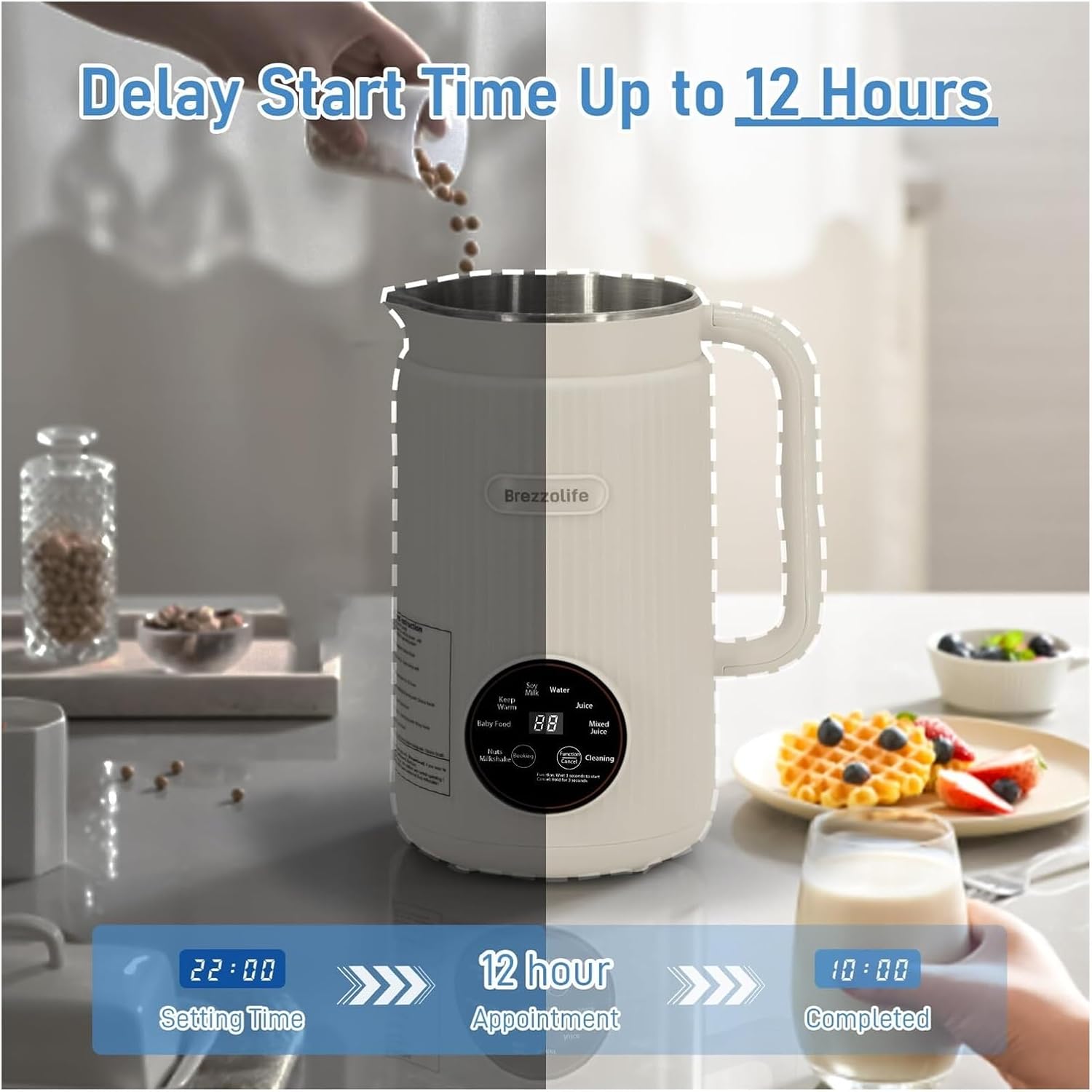 Nut Milk Maker,Large Capacity Stainless Steel Automatic Soy Milk Machine for Homemade,Oat,Plant-Based Milk and Non-Dairy Beverages Almond Cow Milk Machine with Delay Start,Self Cleaning，(White)