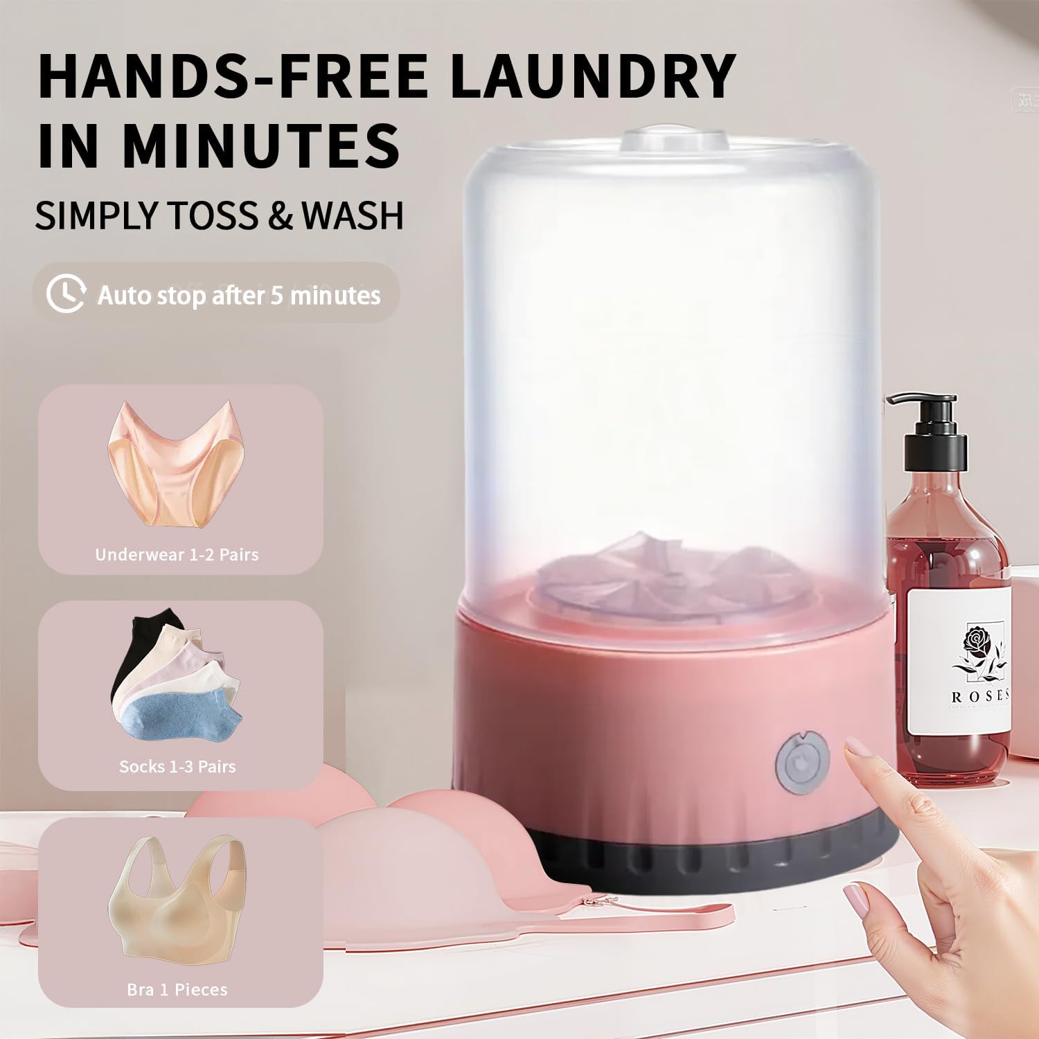 Underwear Washing Machine, BPA-free Portable Mini Washer for Socks, Baby Clothes, Cordless Small Laundry Cup for Travel, Dorm, Apartment, RV, Camp, Kids (Baby Pink)