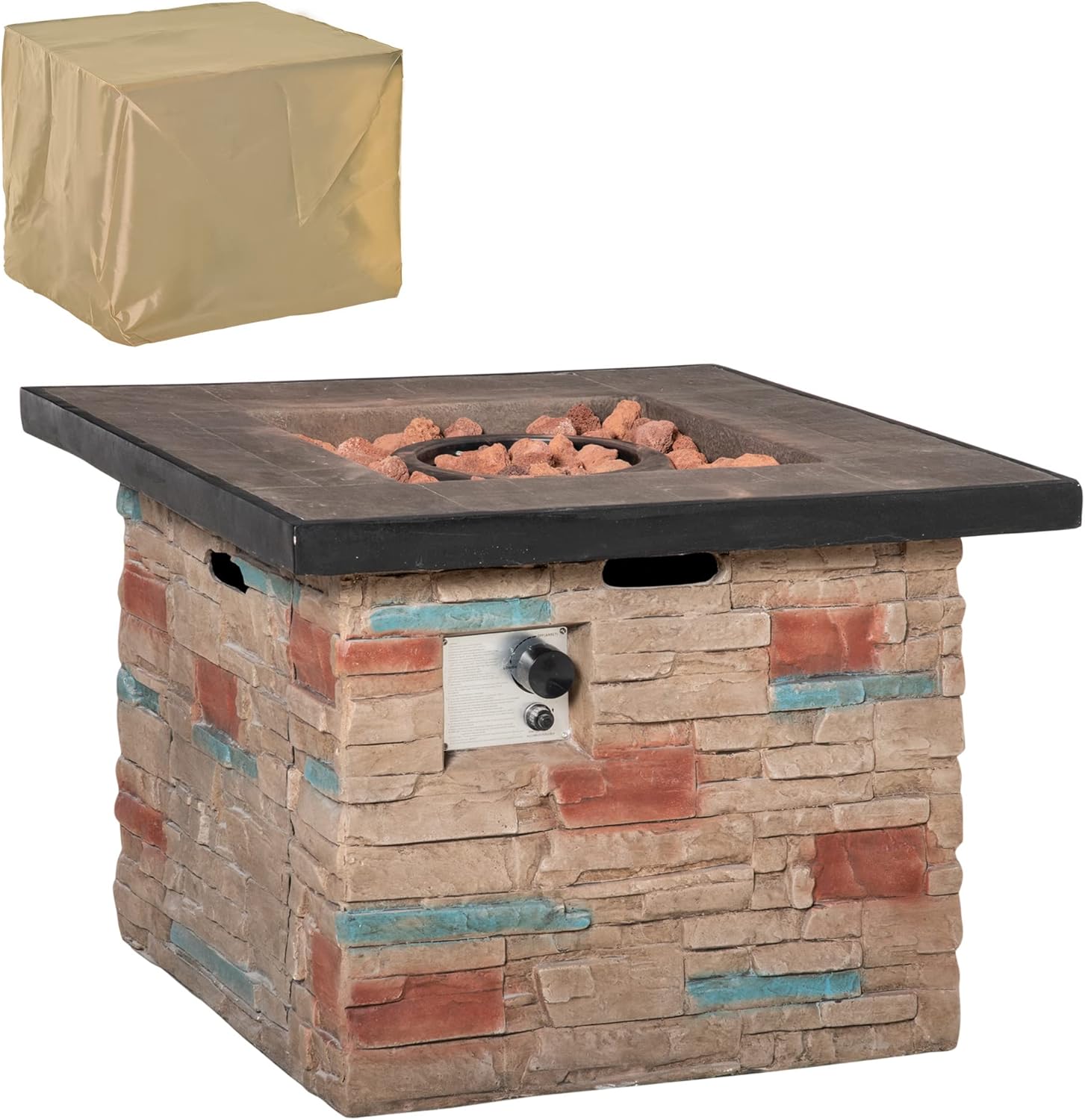 32 Inch Outdoor Propane Gas Fire Pit Table, 50,000 BTU Auto Ignition Square Faux Ledge Stone Gas Firepit with Lava Rocks and Rain Cover, Brown