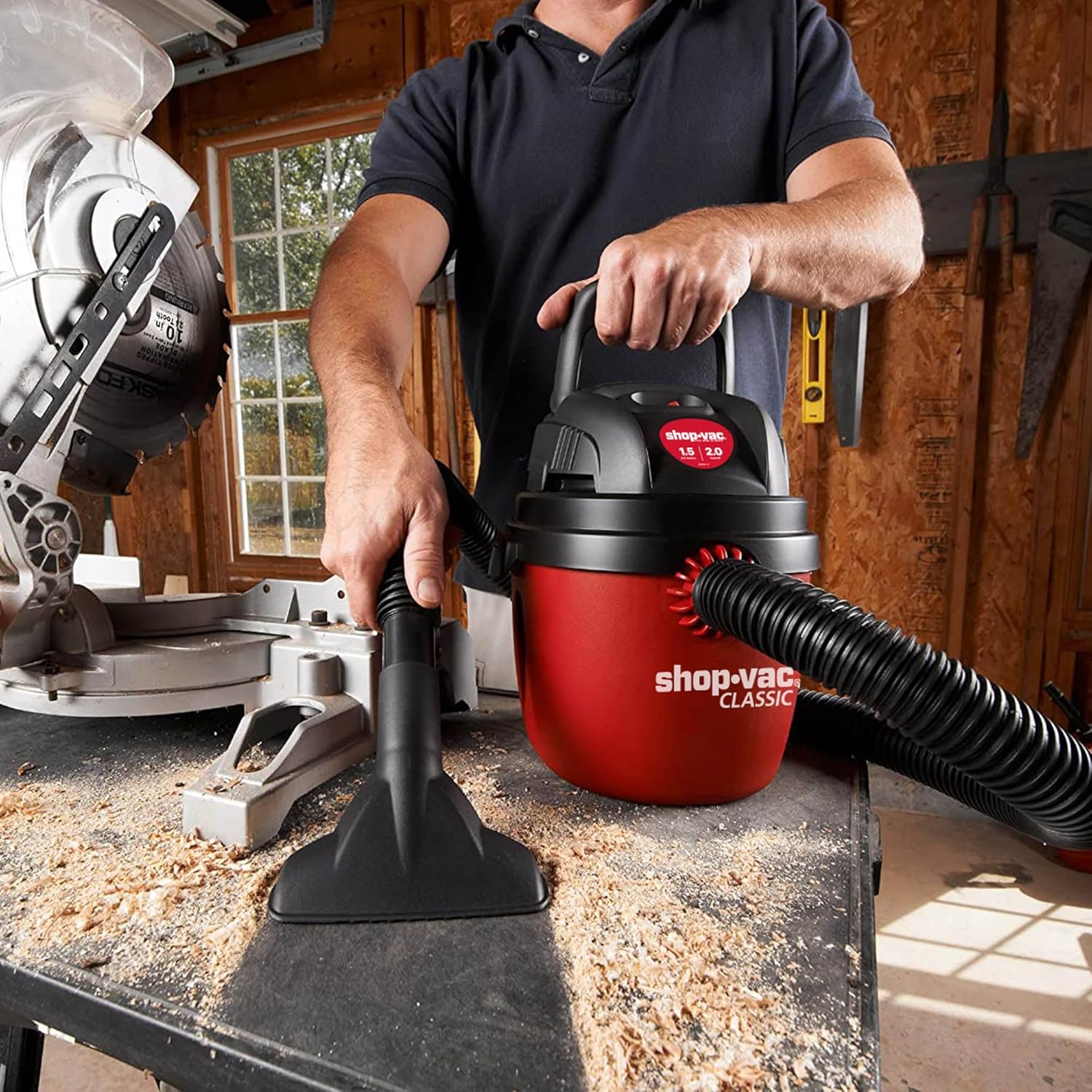 Shop-Vac 1.5 Gallon 2.0 Peak Wet Dry Vacuum, Portable Compact Shop Vacuum with Collapsible Handle Wall Bracket & Attachments, ‎2030100