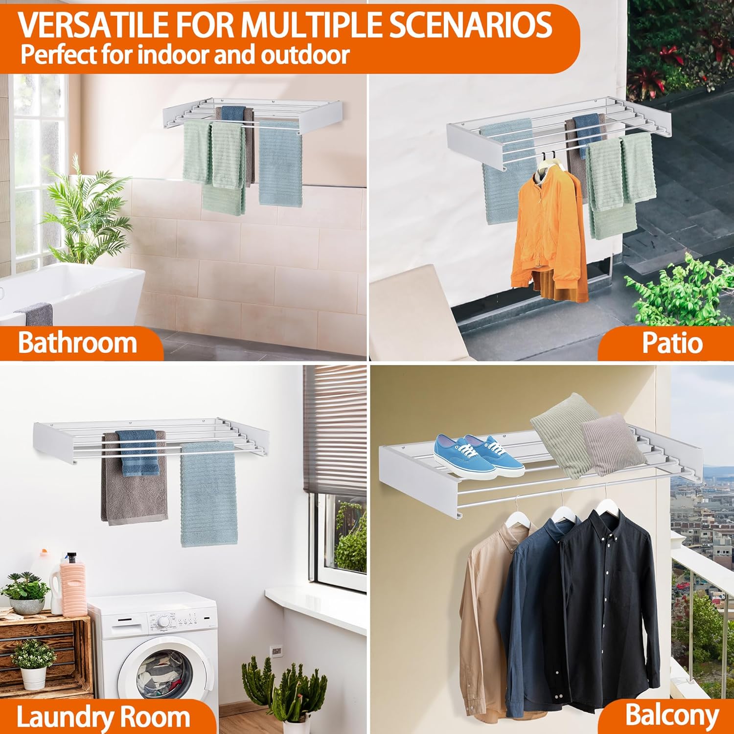 FOCHIER F Laundry Drying Rack Wall Mounted Clothes Drying Rack Collapsible with 5 Aluminum Rods and Drilling Template Long Screwdriver Bit 60 lbs Capacity (White, 31.5