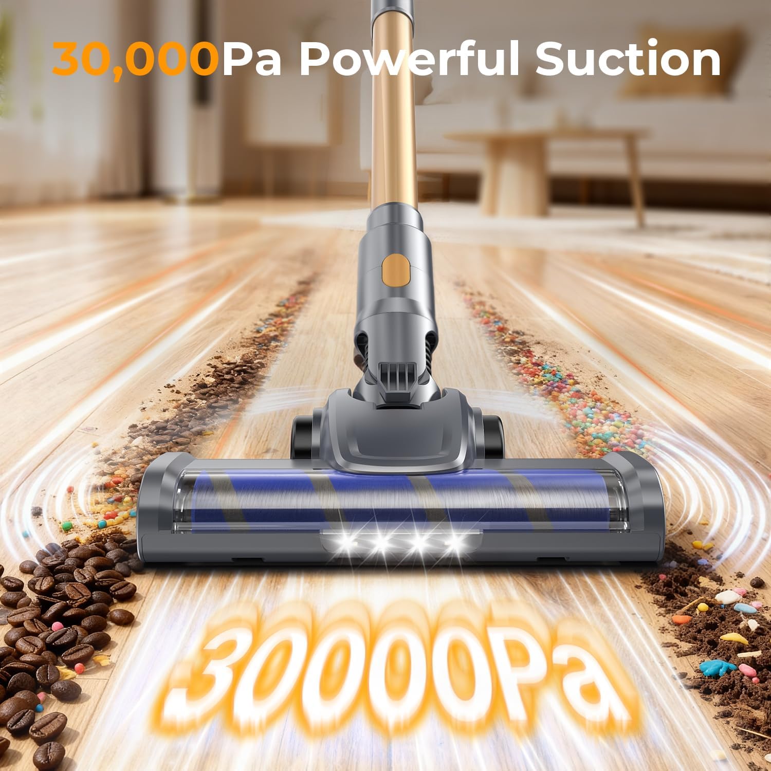 Cordless Vacuum Cleaner, 30Kpa Vacuum Cleaners for Home, Stick Vacuum with LED Display, 2 Roller Brushes for Anti-Tangle & Hard Floor, 6 in 1 Lightweight Vacuum for Hard Floors Carpet Pet Hair