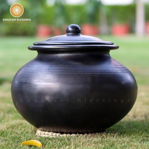 Swadeshi Blessings HandMade Exclusive Range Unglazed Clay Handi/Earthen Pot for Cooking with Lid (4 LTR, Black) (with Natural Firing Shade & Stone Finished Mirror Shine) + Free Palm Leaf Stand