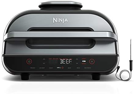 Ninja | Indoor Grill and Air Fryer| Foodi Smart XL | 6-in-1 Grill, Air Fry, Roast, Bake, Broil, Dehydrate & Crisp |Smart Thermometer & Splatter Shield | Dishwasher Safe Parts | Black/Silver | FG551