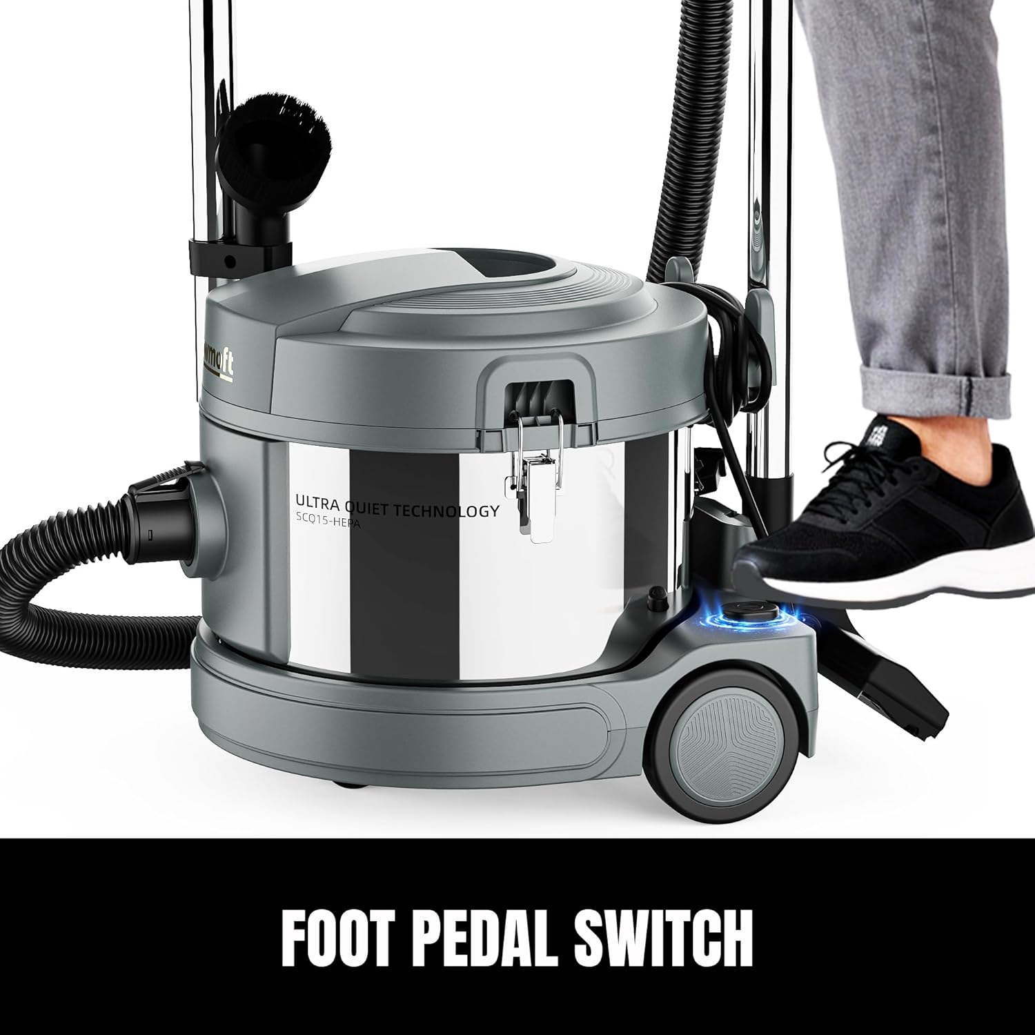 4 Gallon Canister Vacuum, 800W Ultra-Quiet Canister Vacuum Cleaner, 35Ft. Cord, Model SCQ15-HEPA, Gray-Gold