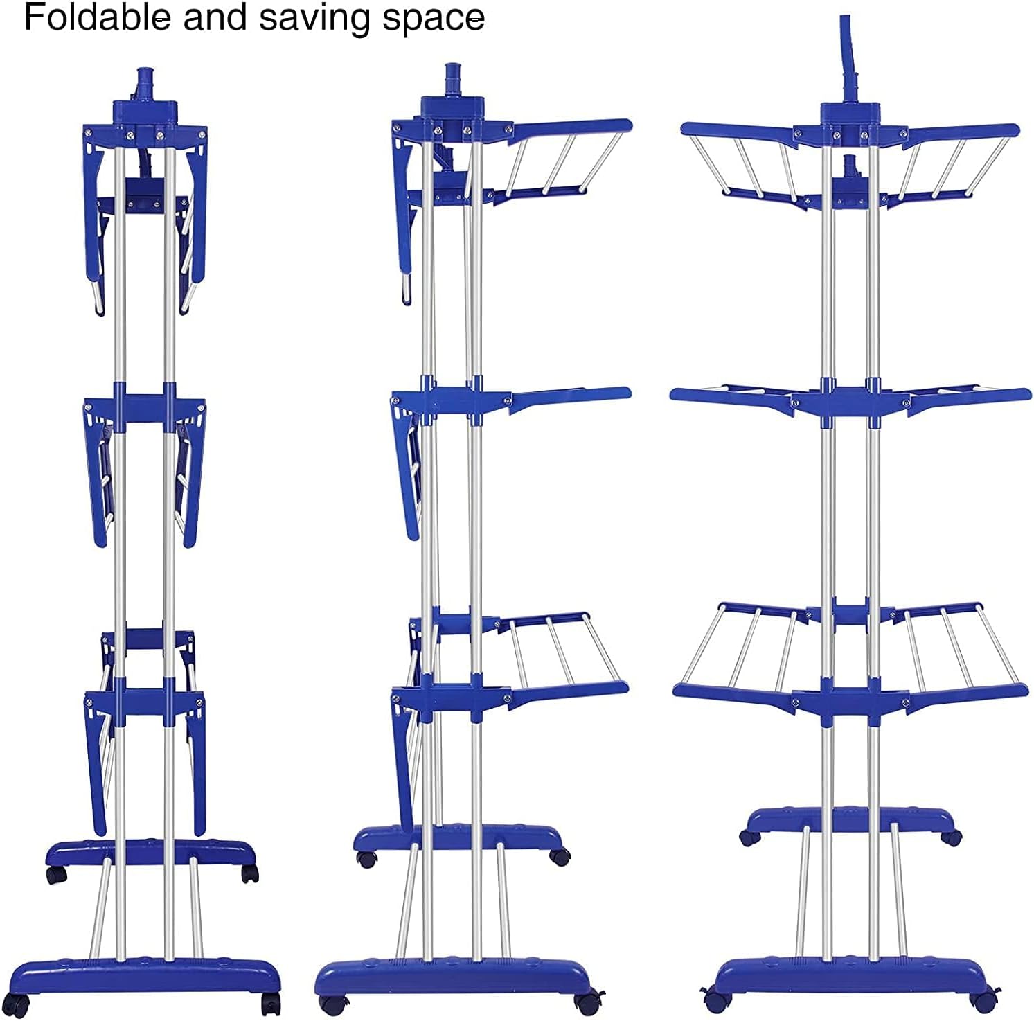 Bigzzia Clothes Drying Rack, Folding Stainless Steel Drying Rack Clothing Indoor Outdoor, Space-Saving, 4 Tier Laundry Drying Rack with Two Side Wings Grey Blue