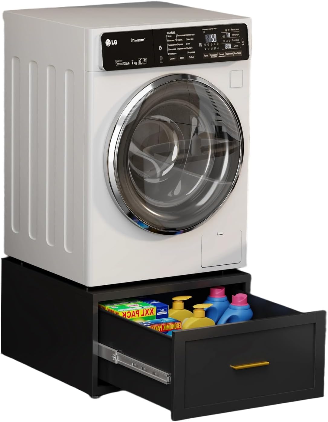 Washer Dryer Pedestals with Drawer, 440LBS Heavy Duty Anti-Vibration Washing Machine Stand, Multi-Functional Metal Freestanding Washer and Dryer Pedestals, Universal Laundry Pedestal (BLACK)