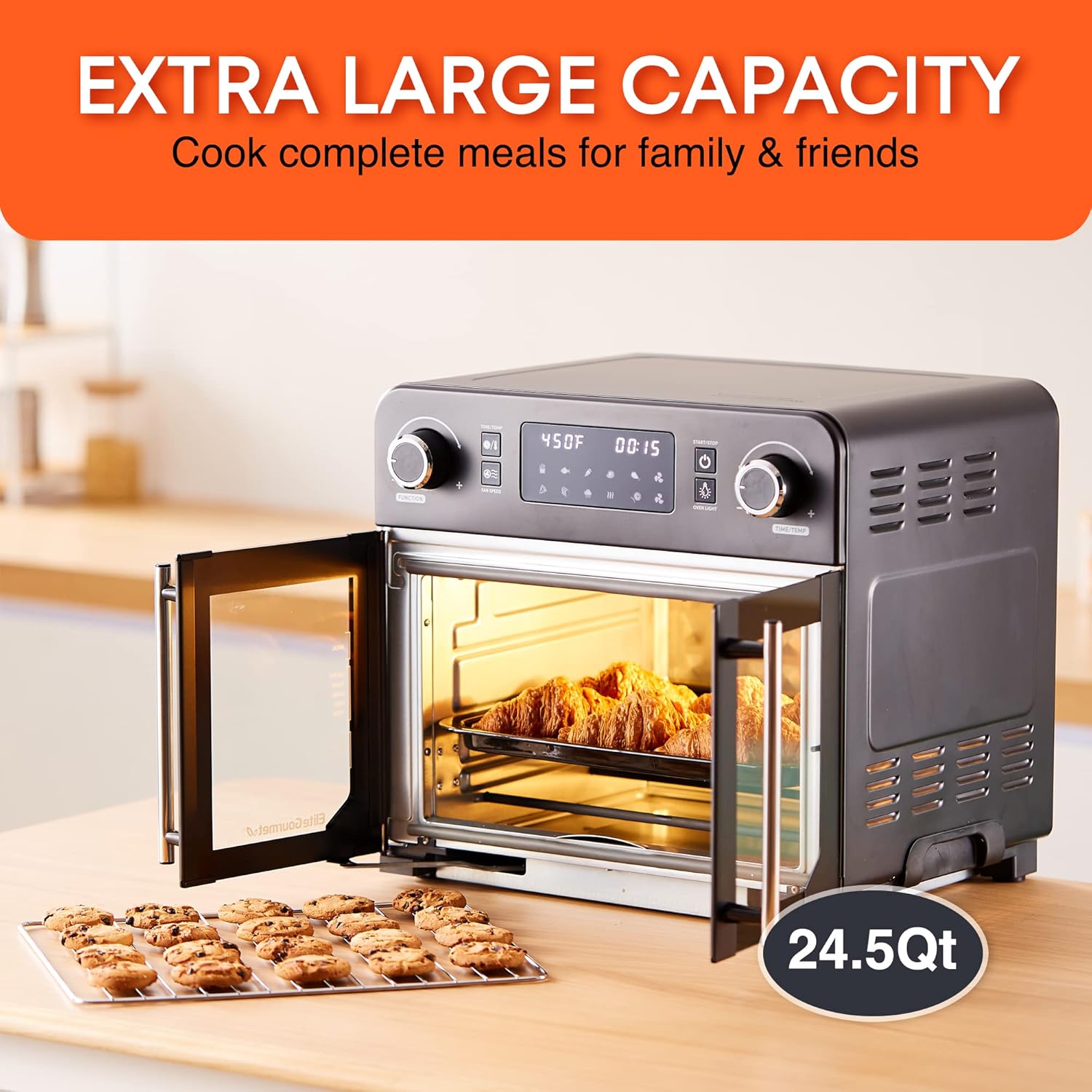Elite Gourmet EAF9010B All Steel Exterior, 24.5Qt. French Door Air Fryer Convection Countertop Oven, 12