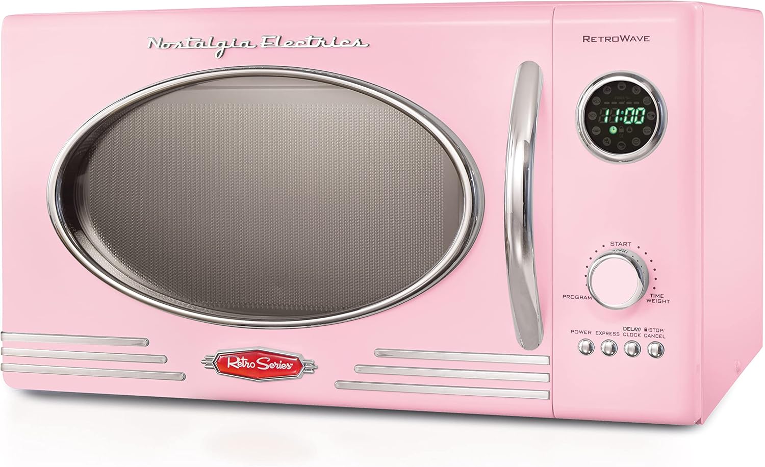 Nostalgia Retro Countertop Microwave Oven - Large 800-Watt - 0.9 cu ft - 12 Pre-Programmed Cooking Settings - Digital Clock - Kitchen Appliances - Pink & Retro Wide 2-Slice Toaster, Vintage Design