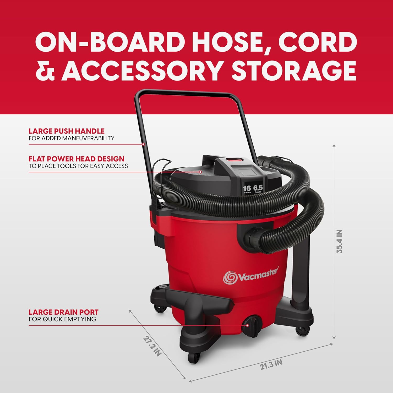 Vacmaster 16-Gallon 6.5 Peak HP† Wet/Dry Vacuum – VJH1612PF 1101, Red