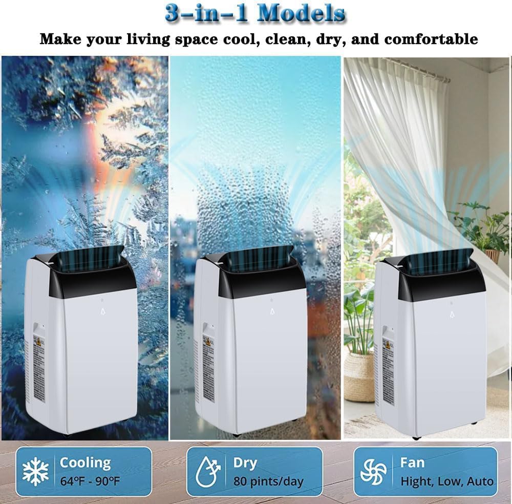 GarveeHome 3 in-1 Portable Air Conditioners, 12000 Btu Portable Ac Cools Built-In Dehumidifier Free Standing Ac With Remote Control, Window Mount Exhaust Kit, Sleep Mode