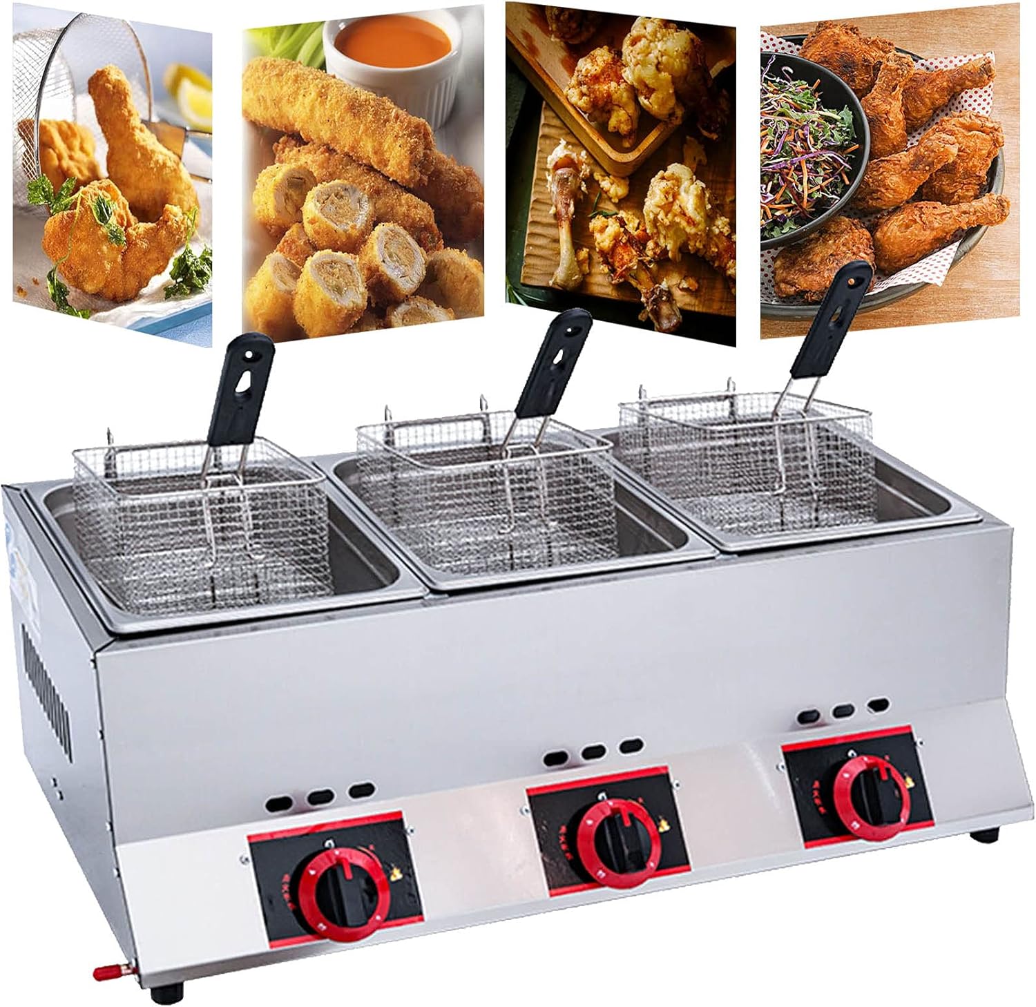 Gas Fryer, Commercial Professional Deep Fryer, 33L Large Capacity Dual Fryer, with Removable Baskets and Lid, Adjustable Firepower, for Chips Donuts Fish（LGP）