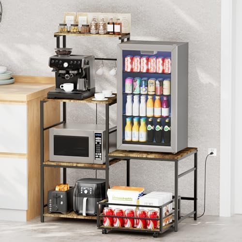 Mini Fridge with Microwave Stand, Coffee Bar Station with Storage, Bakers Rack with Power Outlet, Movable Basket, Adjustable Oven Shelf, Small Refrigerator Organizer for Dorm, Kitchen, Office