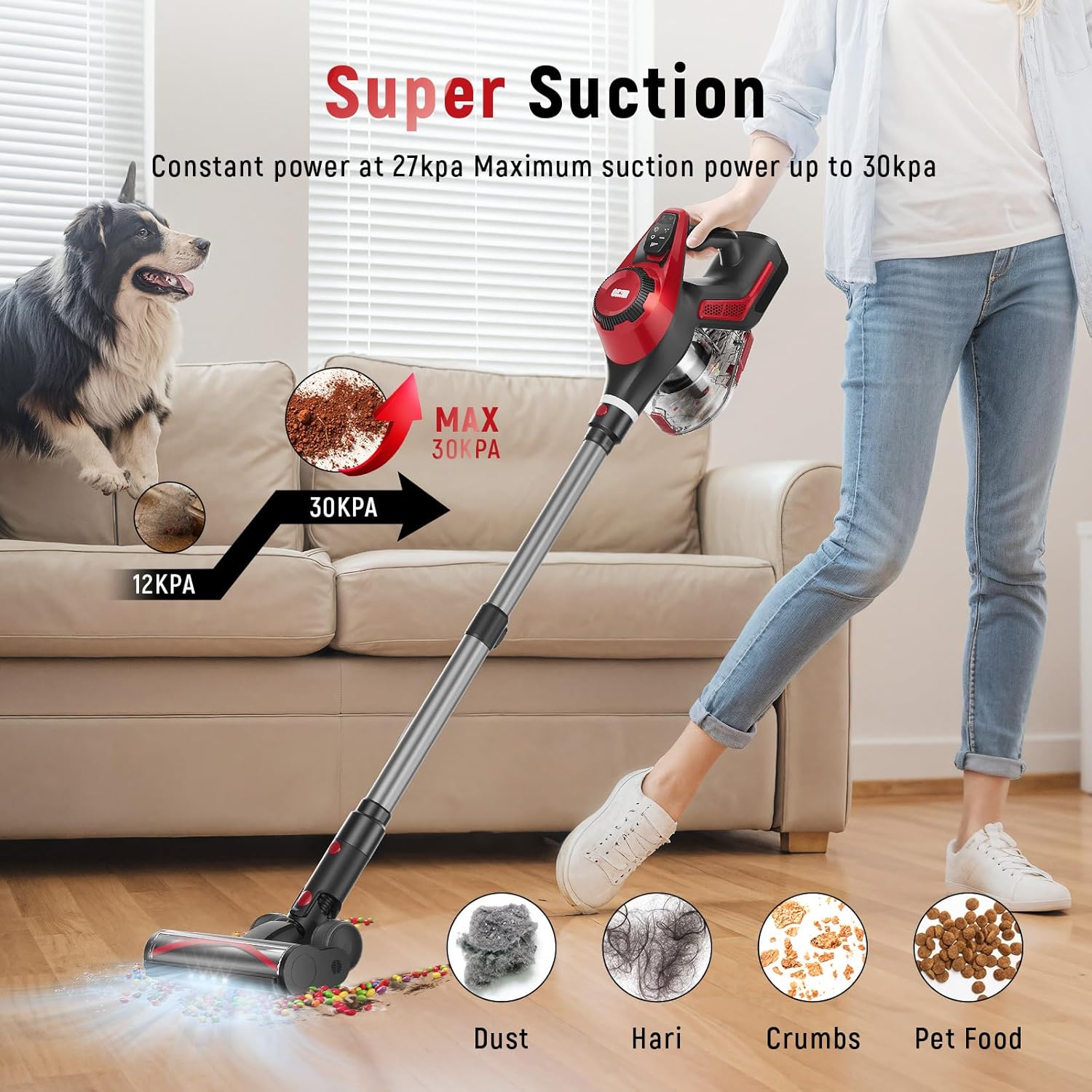 Cordless Vacuum Cleaner for Home, Stick Vacuum 40Kpa, Smart Display & 1.5L Dust Cup, MAX 55mins Runtime, Lightweight Handheld Vavuum for Pet Hair/Carpet/Hardwood Floor/Car (Crimson)