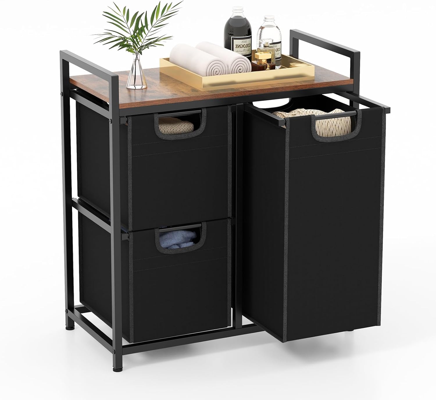 Giantex Laundry Hamper with Shelf, Laundry Basket Organizer with 3 Pull-Out Removable Bags, Top Storage Shelf, Metal Frame, Laundry Sorter 3 Section for Laundry Room Bathroom, Rustic Brown & Black