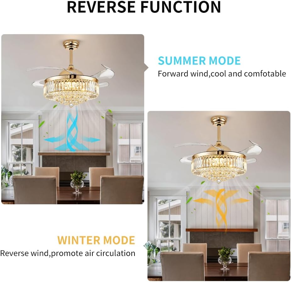 42 Inch Fandelier Ceiling Fan with Light, Chandelier Ceiling Fan for Bedroom Living Room, Dimmable, 6 Wind Speed. Reversible Motor, Memory Function-Gold
