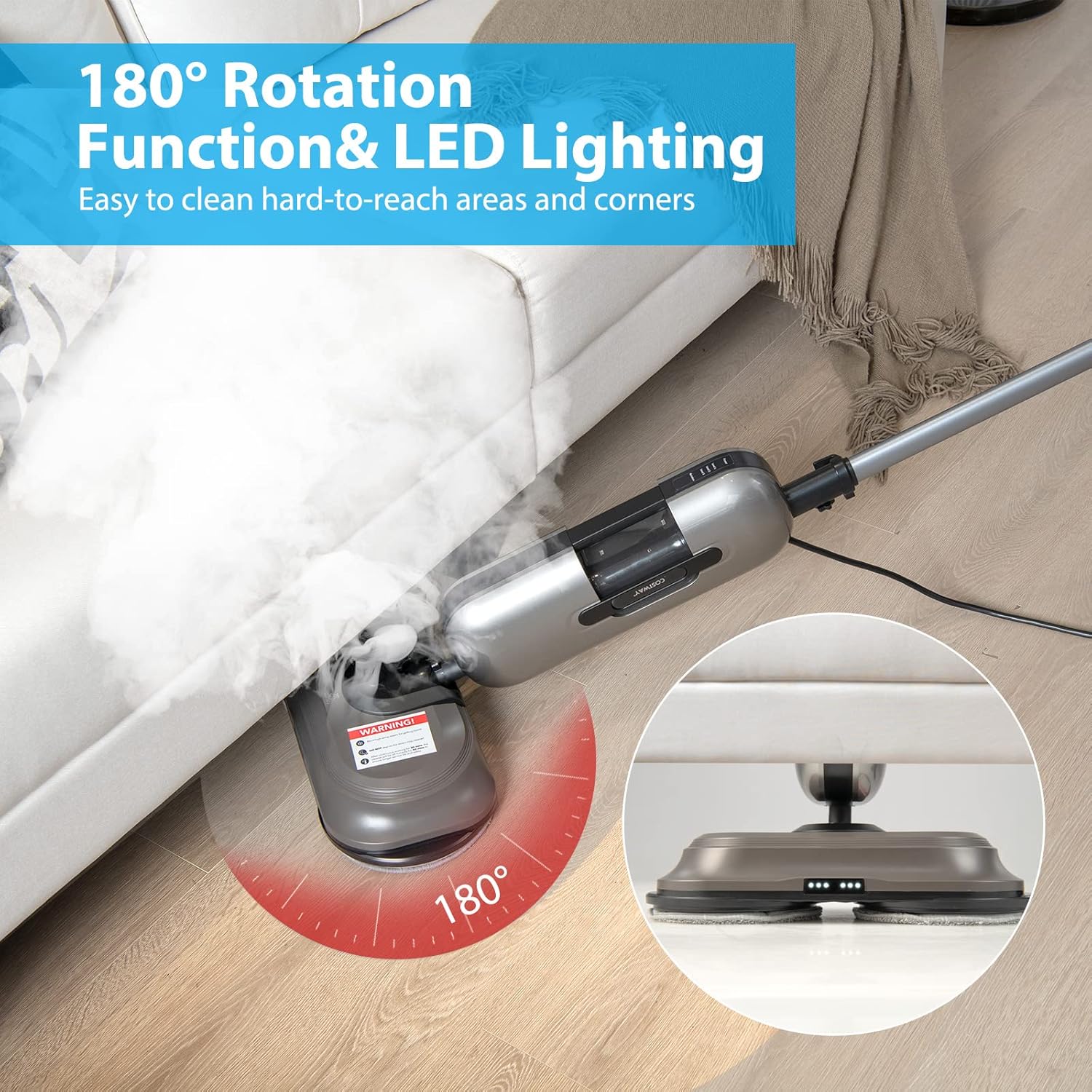 COSTWAY Multipurpose Steam Cleaner, 180° Dual Rotating Handheld Steam Mop with 230°F Hot Steam, 3 Steam Levels, 410Ml Water Tank, Led Headlights, 2 Washable Pads, for Hardwood Floor Laminate, 1100W